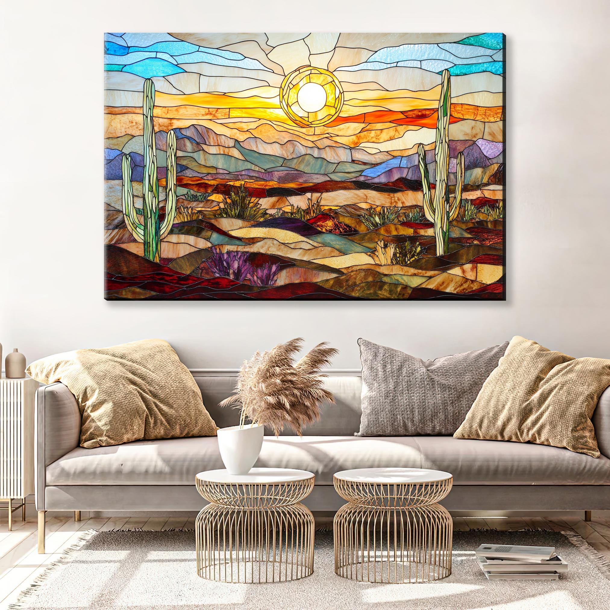 a living room with a couch and a painting on the wall