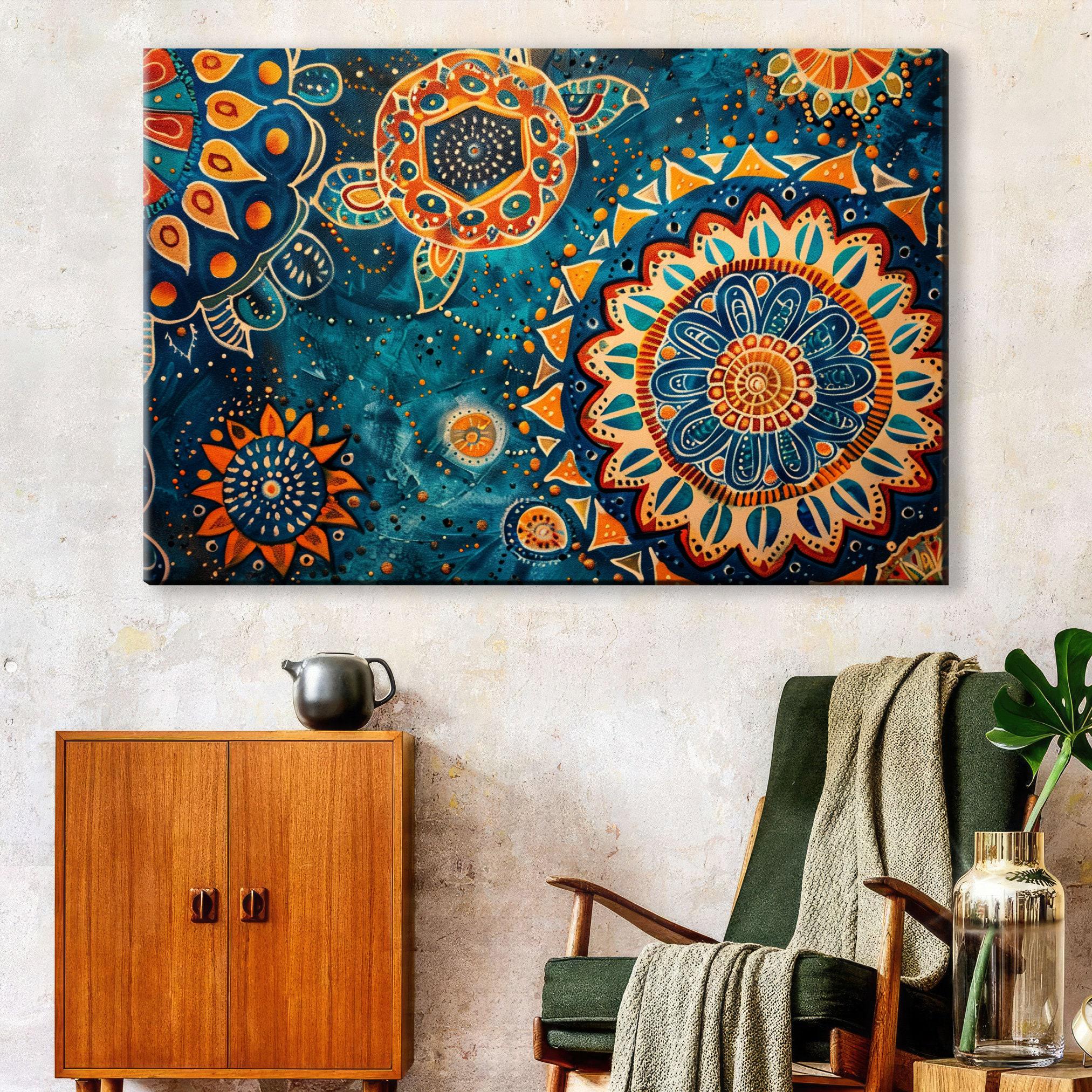 Boho Water Canvas - Extra Large Gallery Wrapped Art With Blue Orange Water Pattern