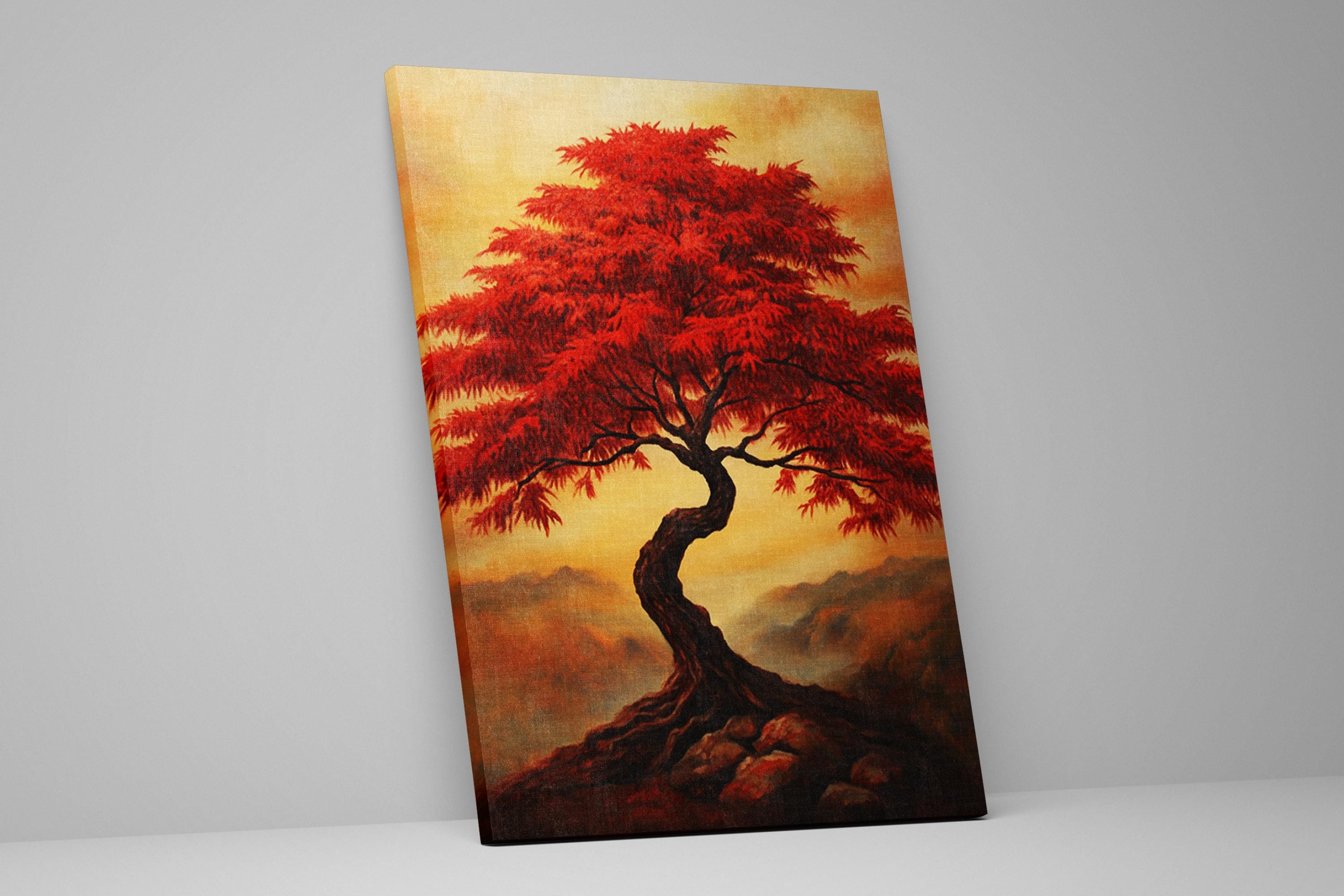 a painting of a red tree on a white wall