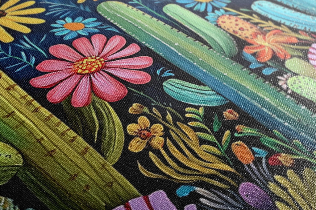 a close up of a cactus and flowers on a black background