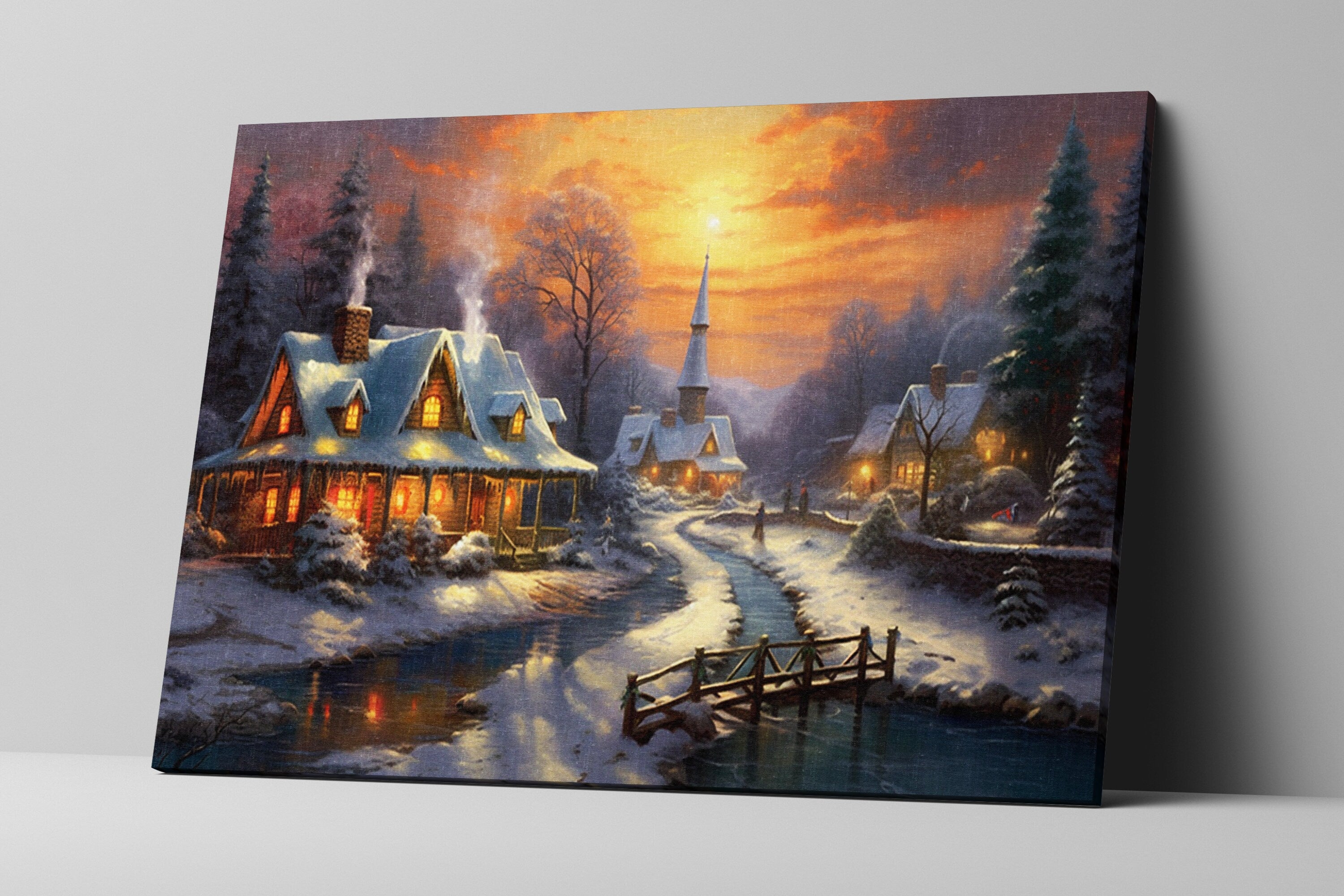 Christmas Canvas Art – Snowy Village Rustic Winter Landscape Print on Gallery Wrapped Canvas