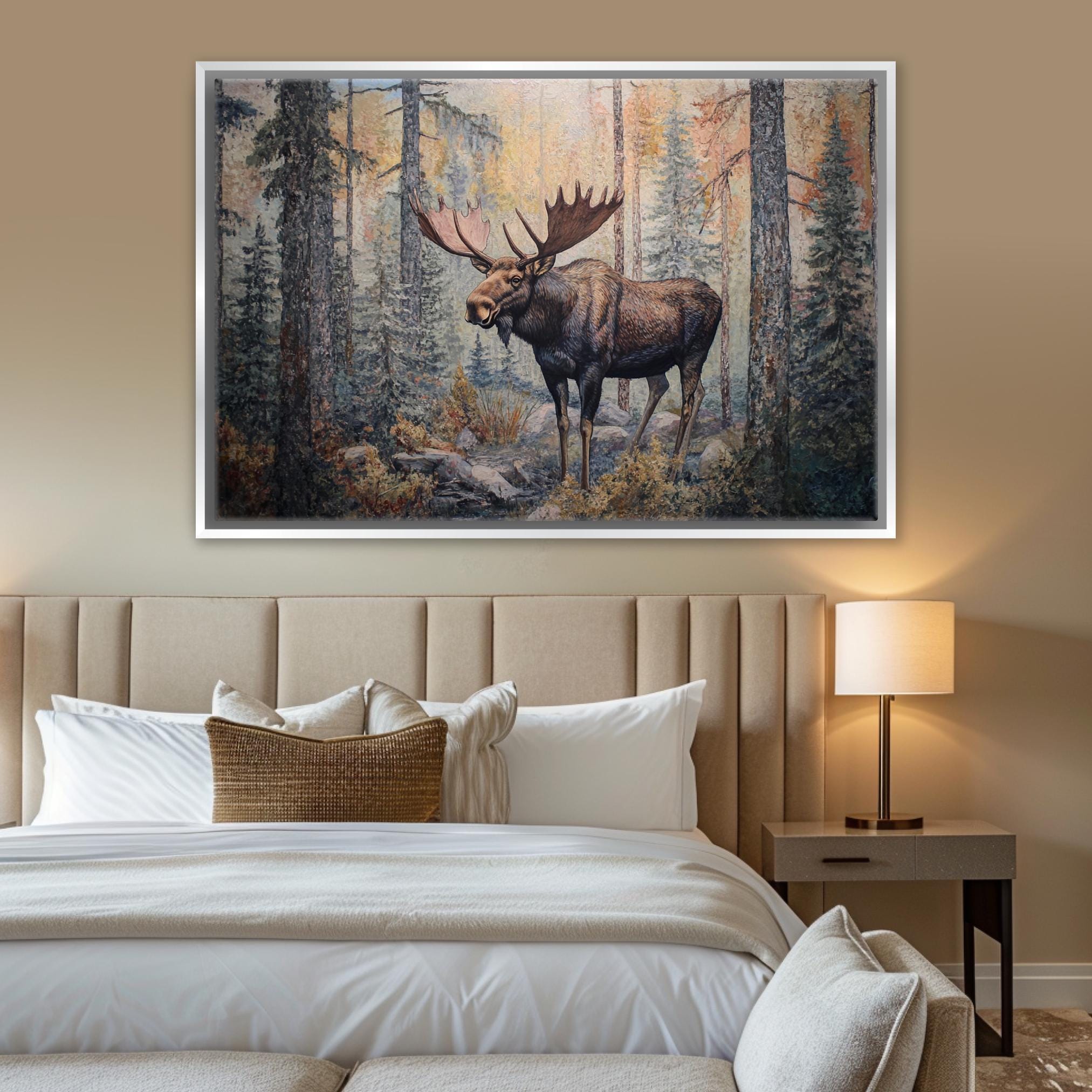 a painting of a moose in a forest