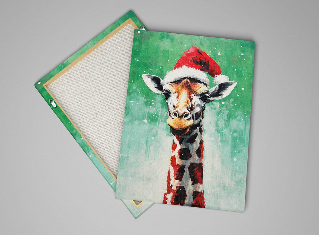 Holiday Giraffe Painting – Christmas Wall Art | Large Santa Hat Canvas Print