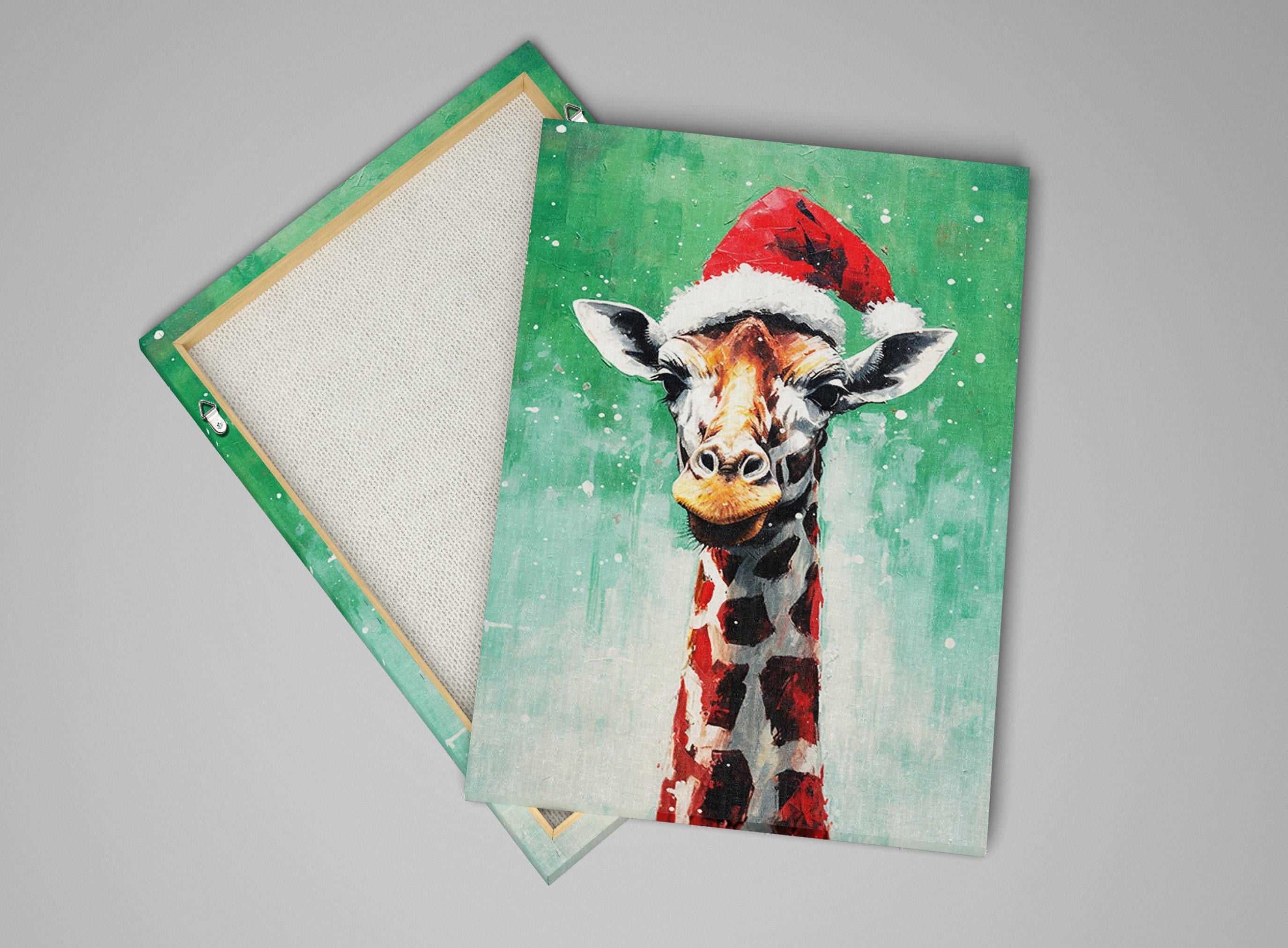 Holiday Giraffe Painting – Christmas Wall Art | Large Santa Hat Canvas Print