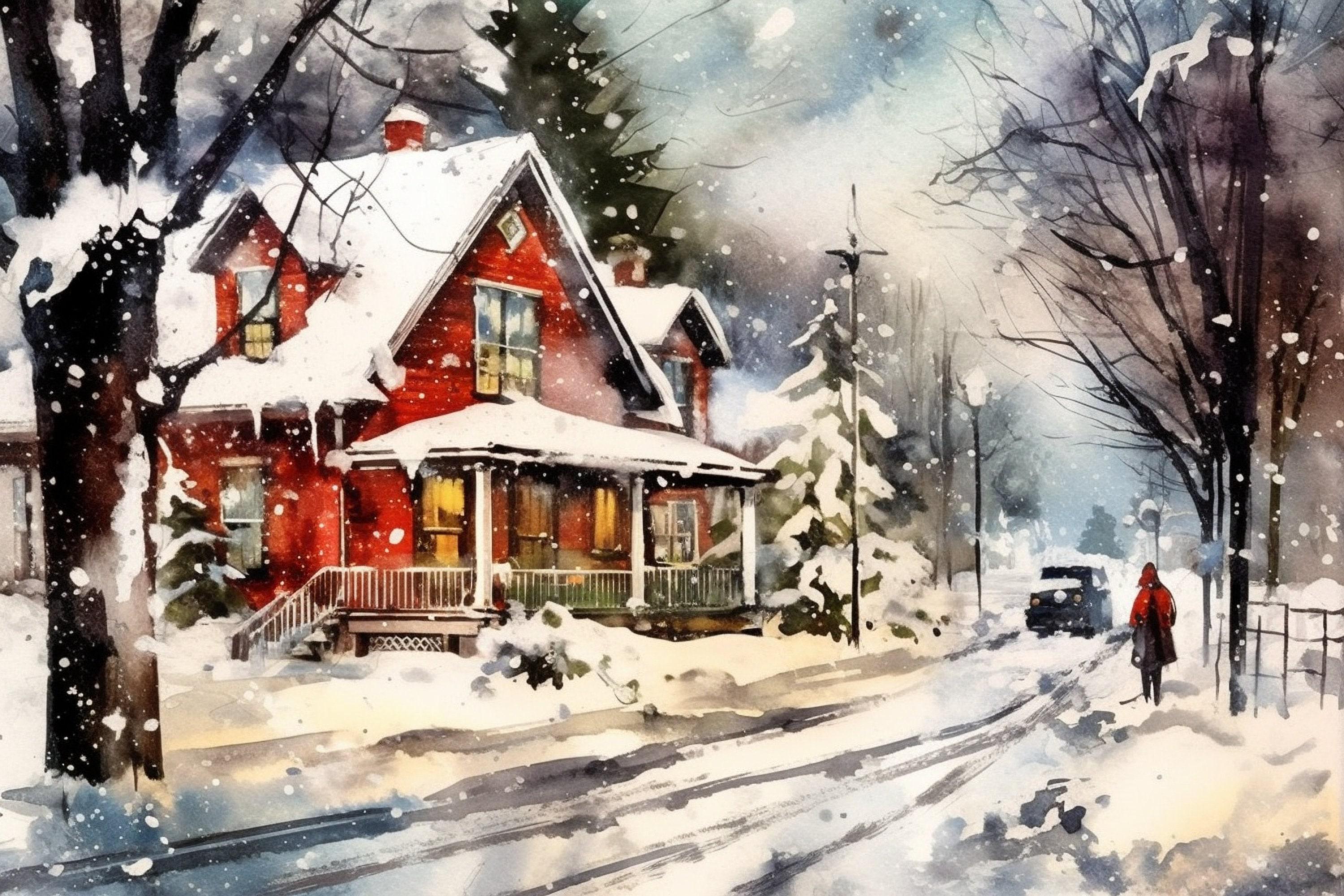 Snowy Christmas Landscape Watercolor - Seasonal Home Decor, Print on Canvas, Artist Paper, Watercolor Paper, Available in Extra Large Sizes