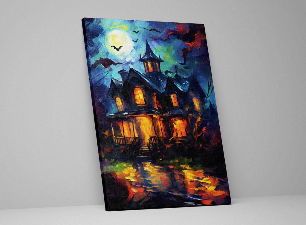 Halloween Haunted House Art – Large Canvas Wall Art | Spooky Home Decor, Gallery Wrapped