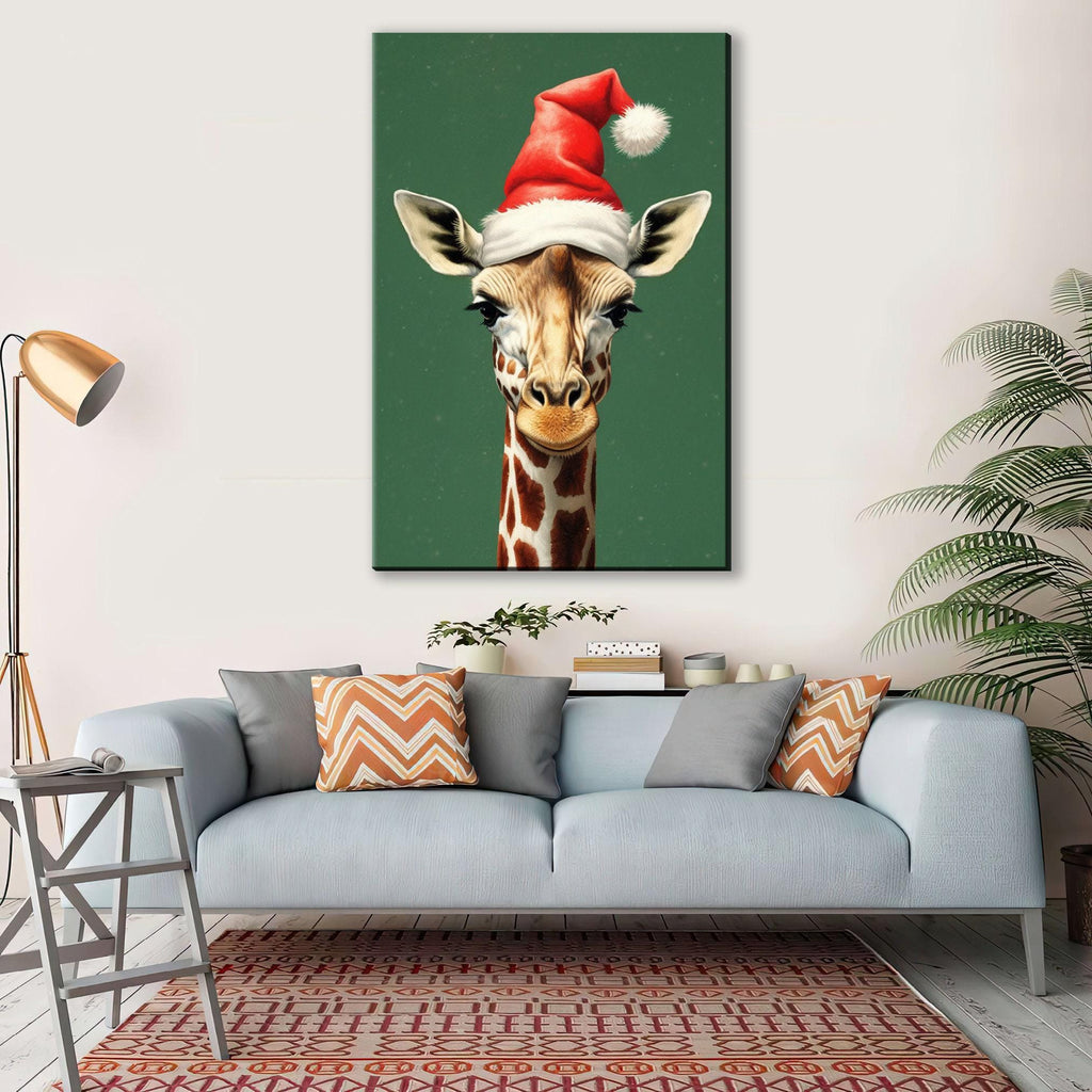 Christmas Canvas Art – Whimsical Giraffe in Santa Hat | Norman Rockwell Style Holiday Decor