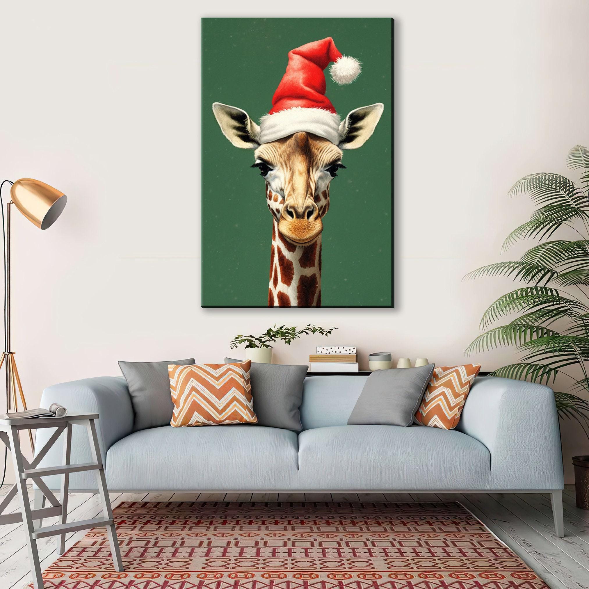 Christmas Canvas Art – Whimsical Giraffe in Santa Hat | Norman Rockwell Style Holiday Decor