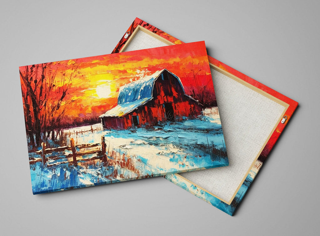Wintery Farm Scene - Rustic Winter Canvas | Vintage Barn Landscape Print on Gallery Wrapped Canvas