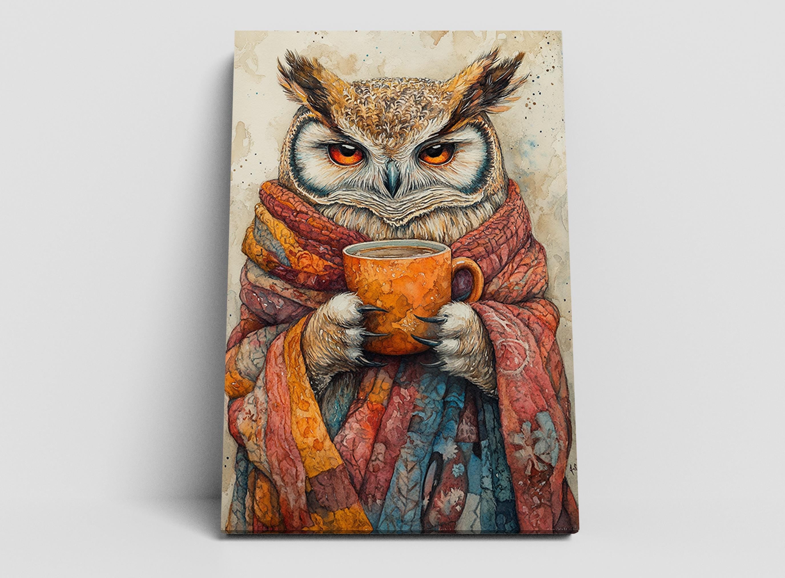 An owl wearing a colorful scarf and holding a cup of coffee, with a warm and cozy atmosphere.