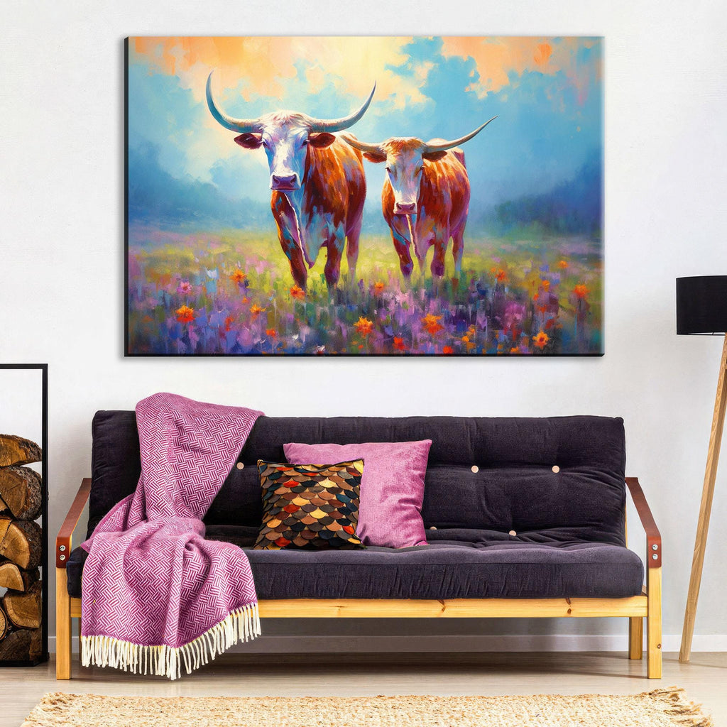 Texas Longhorn Wall Art - Large Canvas Art Print With Rustic Western Decor