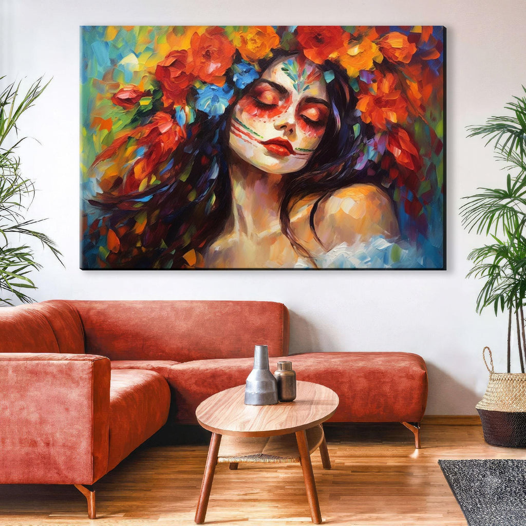 Day of the Dead Canvas – Vibrant Sugar Skull Art on Gallery Wrapped Large Wall Canvas