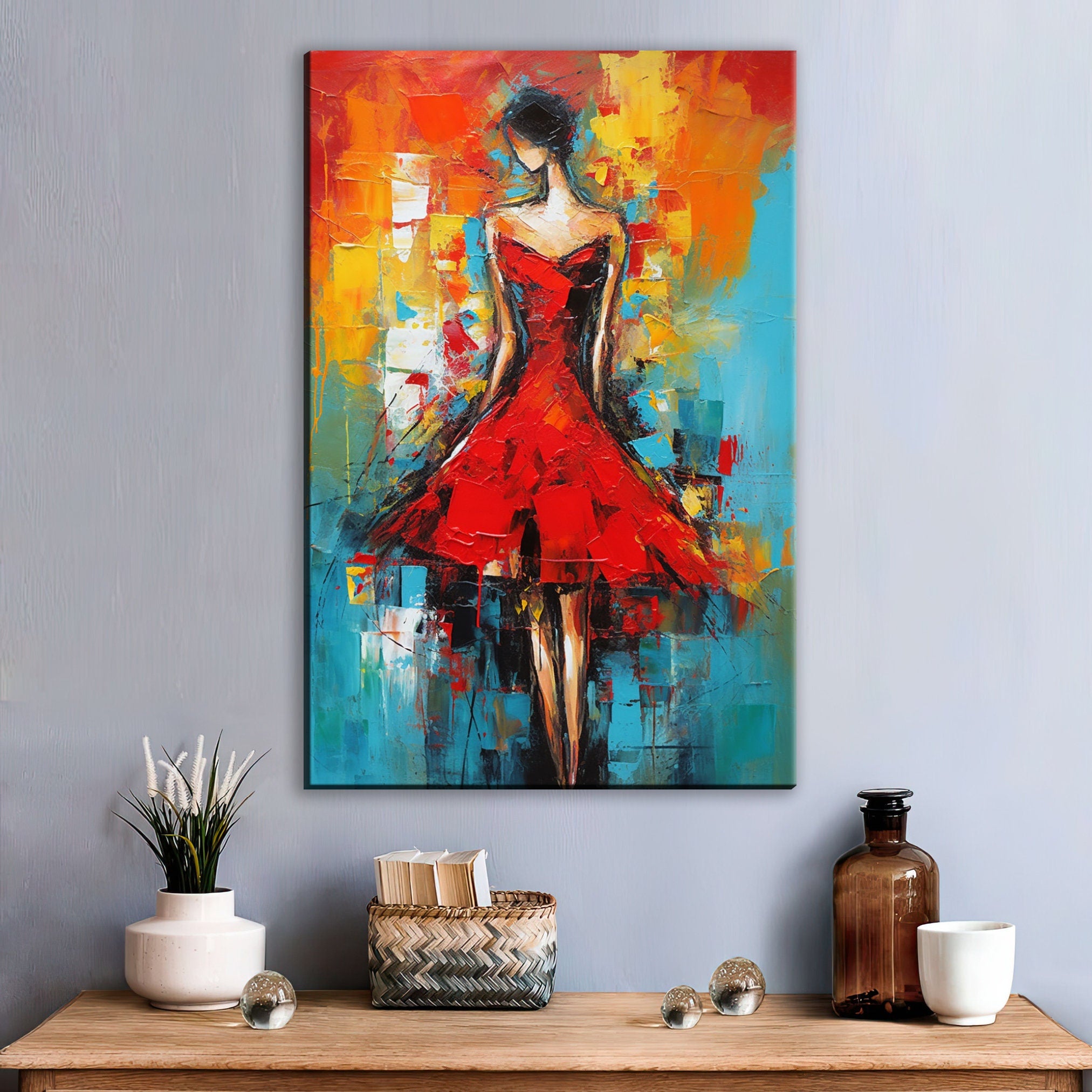 Red Dress Canvas Art – Abstract Woman Painting | High Quality Giclee Print