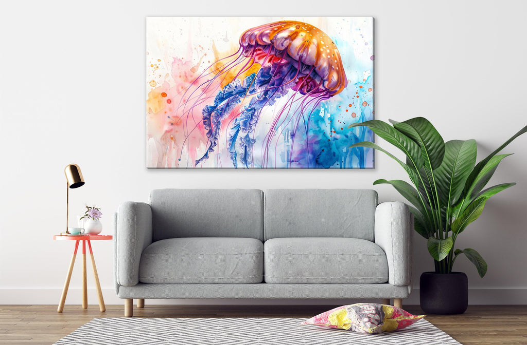 Vibrant Floating Jellyfish Watercolor, Coastal Art, Giclee Print on Canvas, Artist Paper, Watercolor Paper, Available in Extra Large Sizes