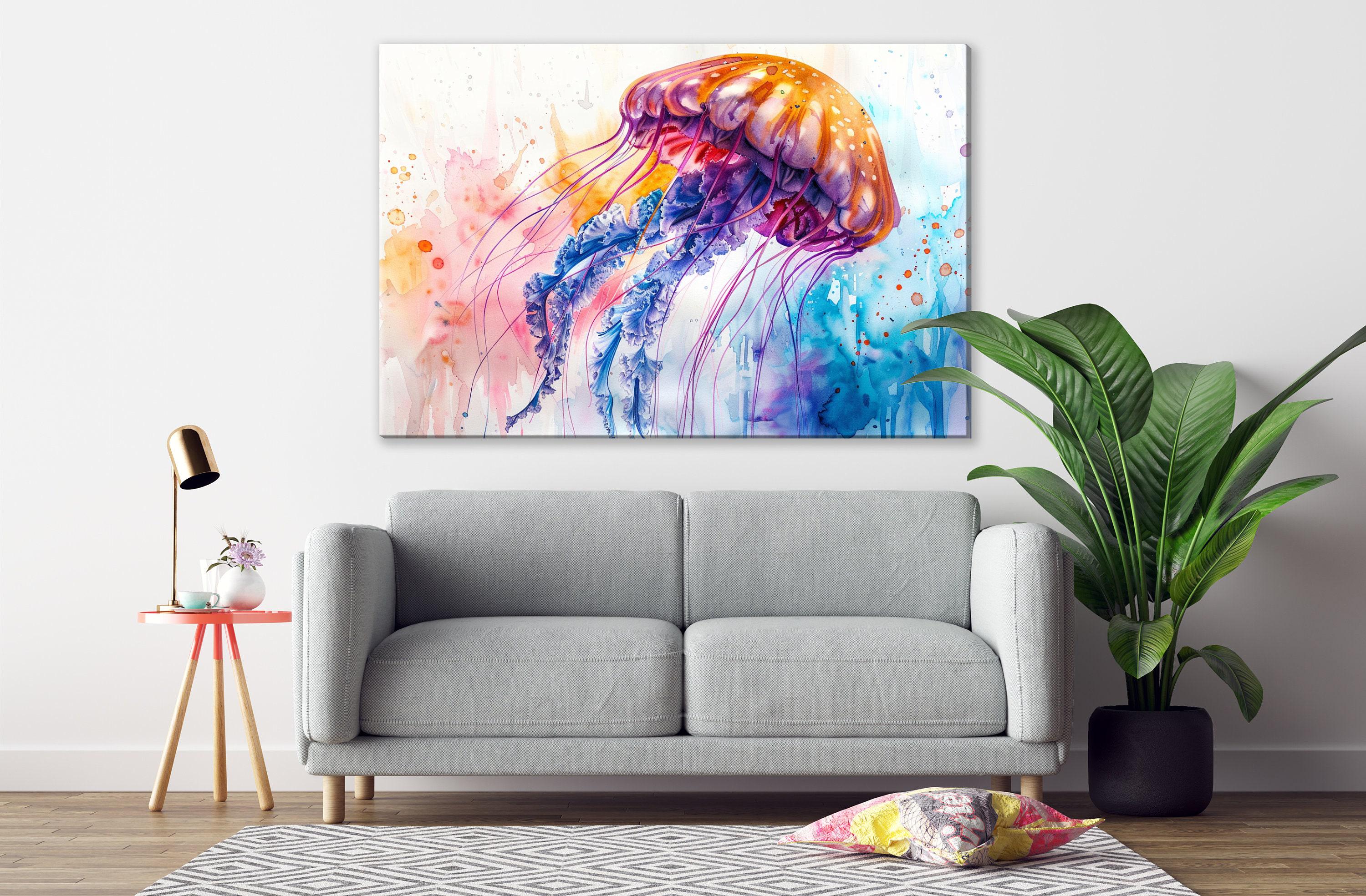 Vibrant Floating Jellyfish Watercolor, Coastal Art, Giclee Print on Canvas, Artist Paper, Watercolor Paper, Available in Extra Large Sizes