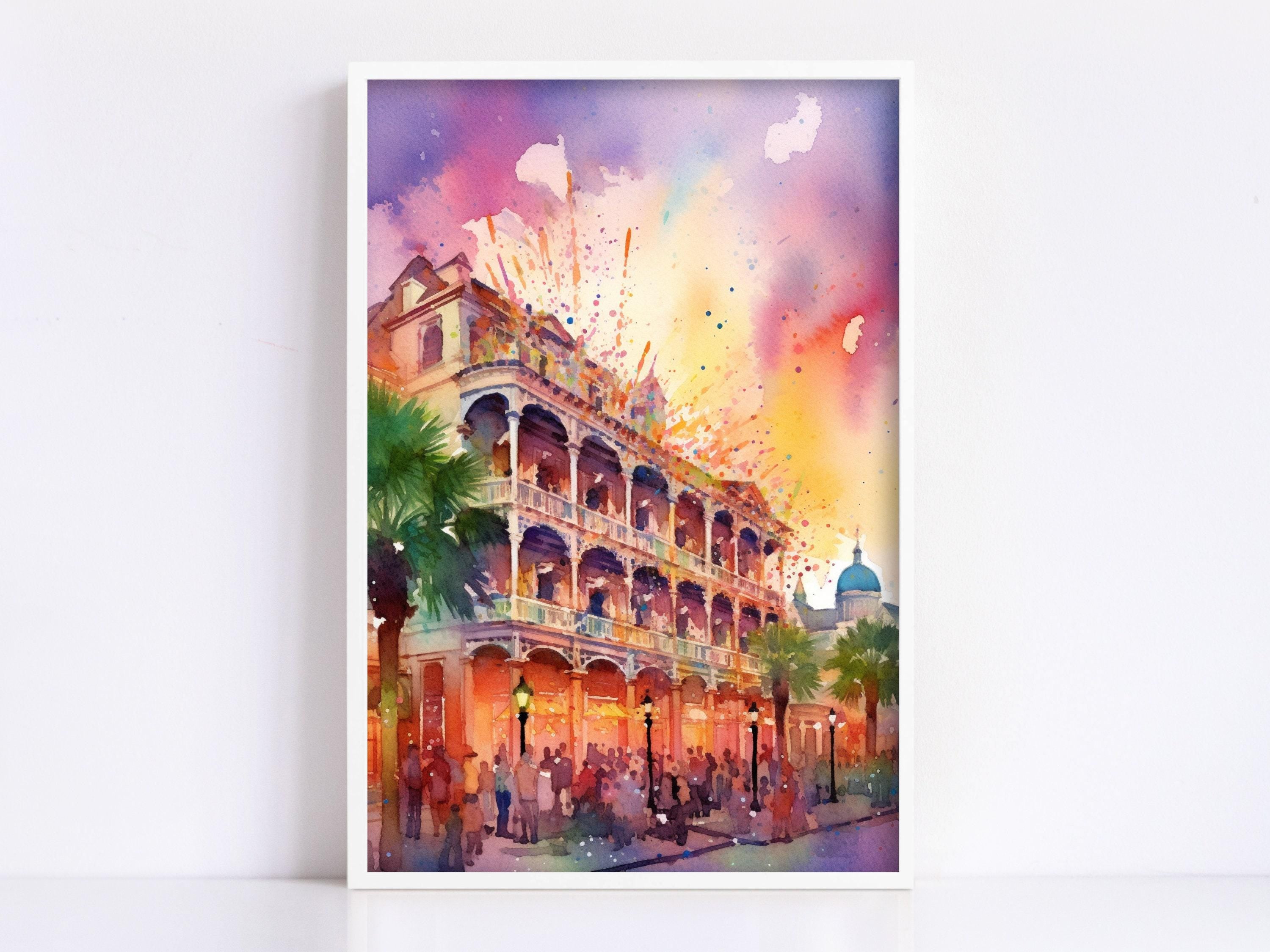 Dazzling New Orleans Mardi Gras Carnival Watercolor, Giclee Print on Canvas, Artist Paper, Watercolor Paper, Available in Extra Large Sizes