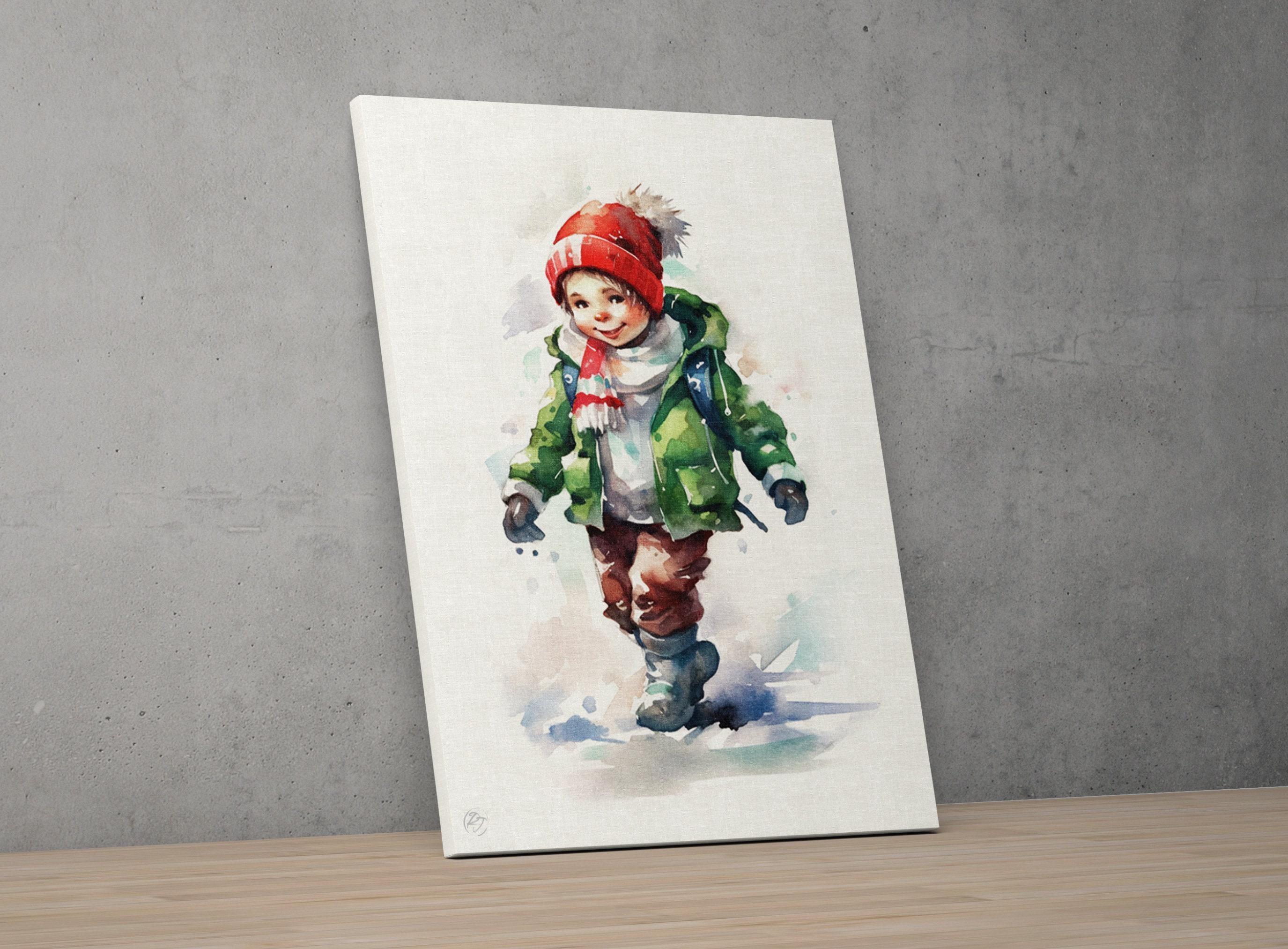 Joyful Christmas Child - Festive Holiday Watercolor, Giclee Print on Canvas, Artist Paper, Watercolor Paper, Available in Extra Large Sizes