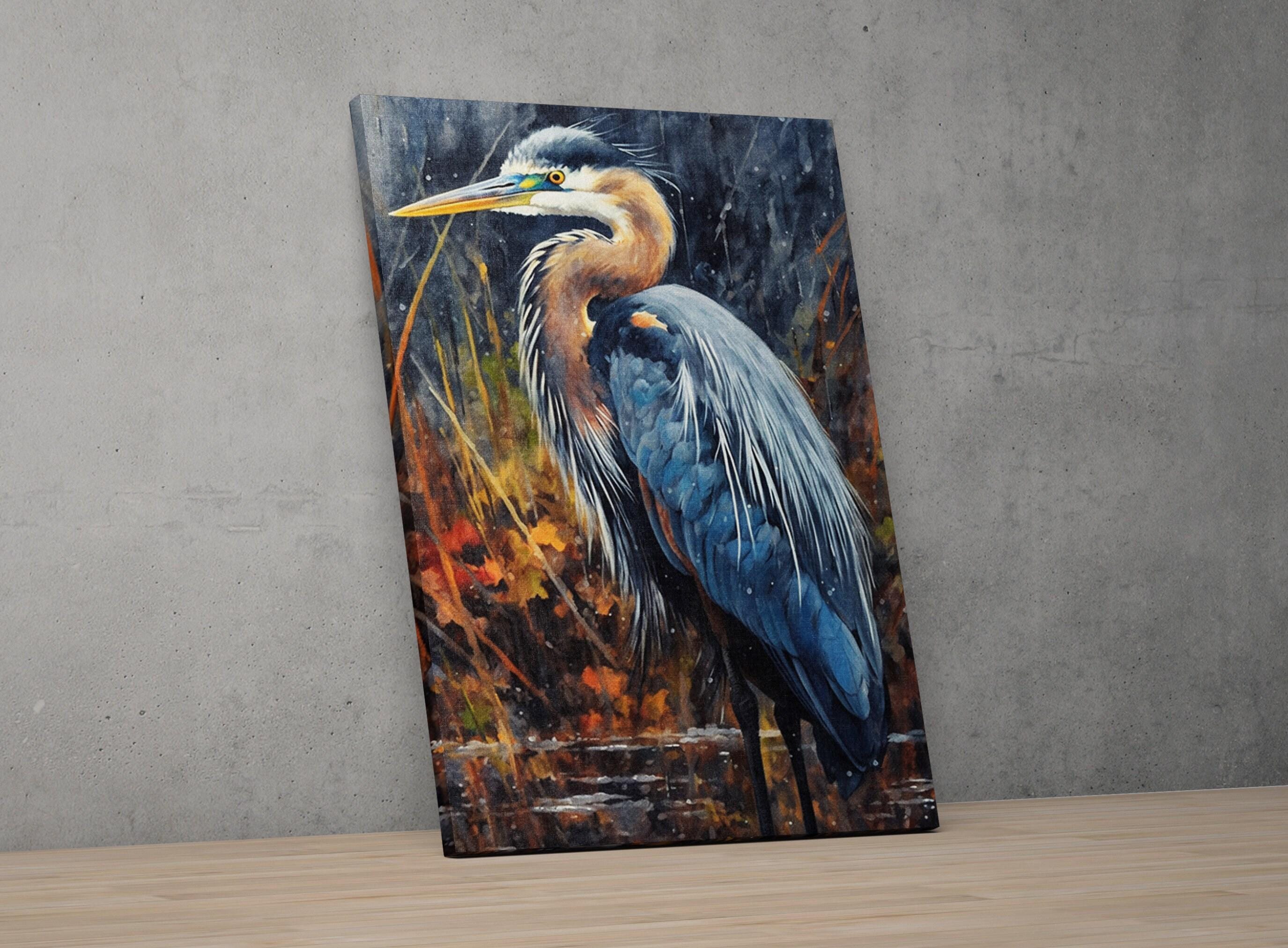 Waterside Blue Heron Watercolor Art for Wall Display, Giclee Print on Canvas, Artist Paper, Watercolor Paper, Available in Extra Large Sizes
