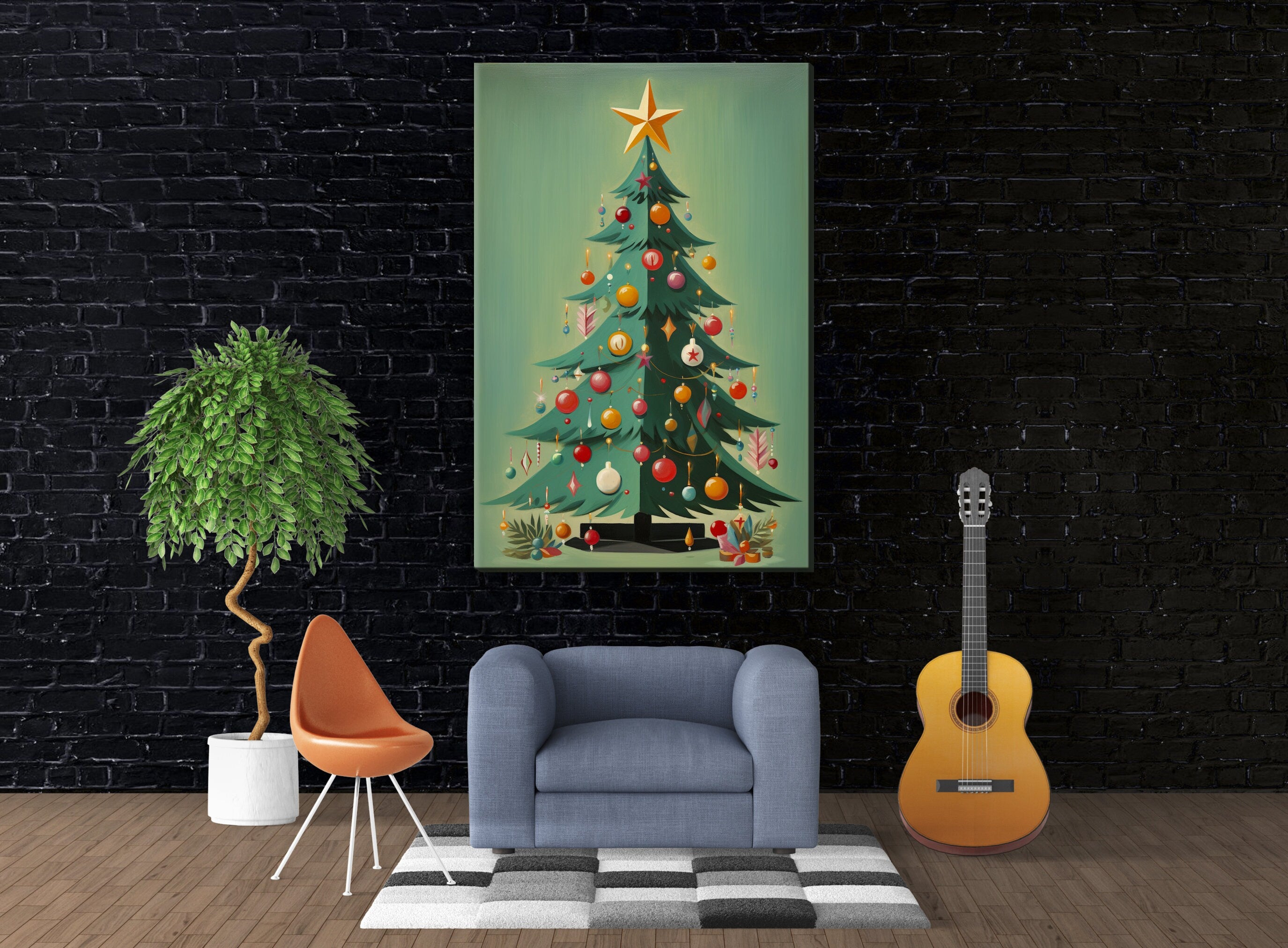 Mid-Century Modern Art - Christmas Tree Art Print on Gallery Wrapped Canvas, Extra Large