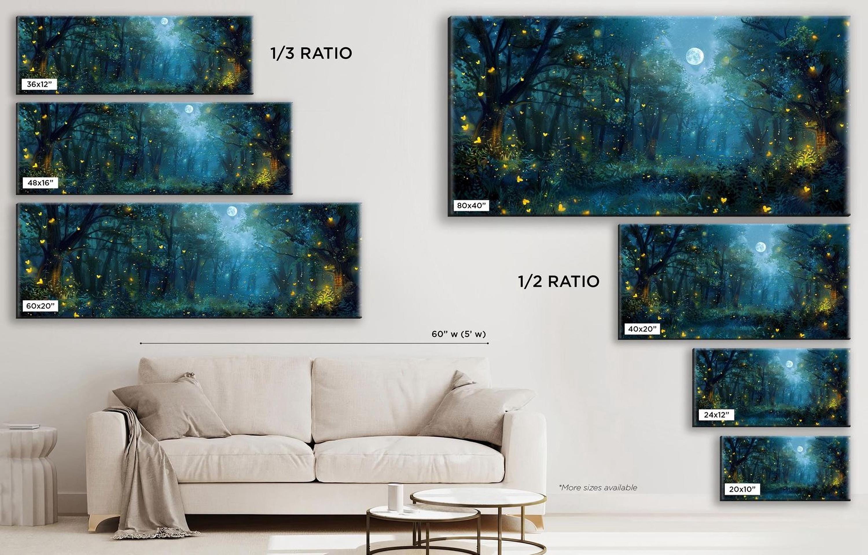 a living room with a white couch and a painting on the wall