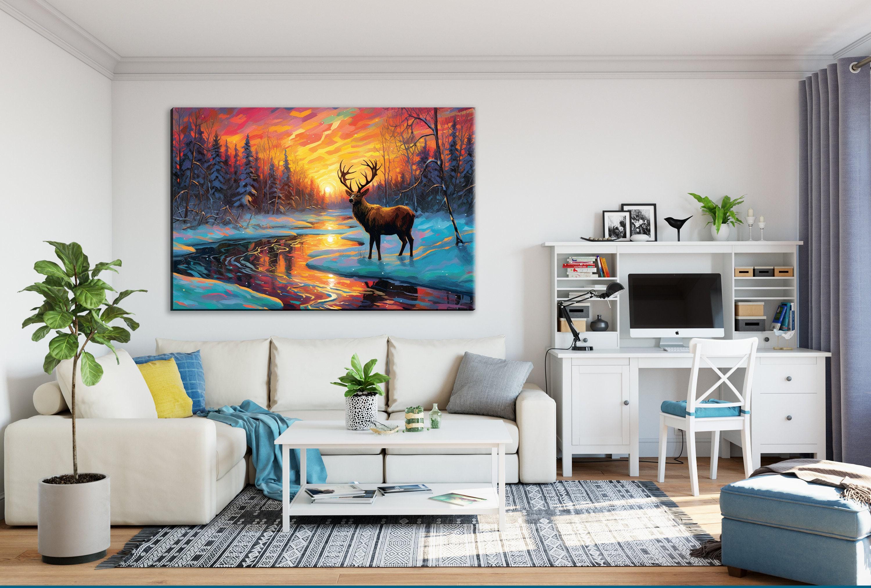 Winter Deer Sunset Art – Vibrant Snowy River Painting on Gallery Wrapped Canvas
