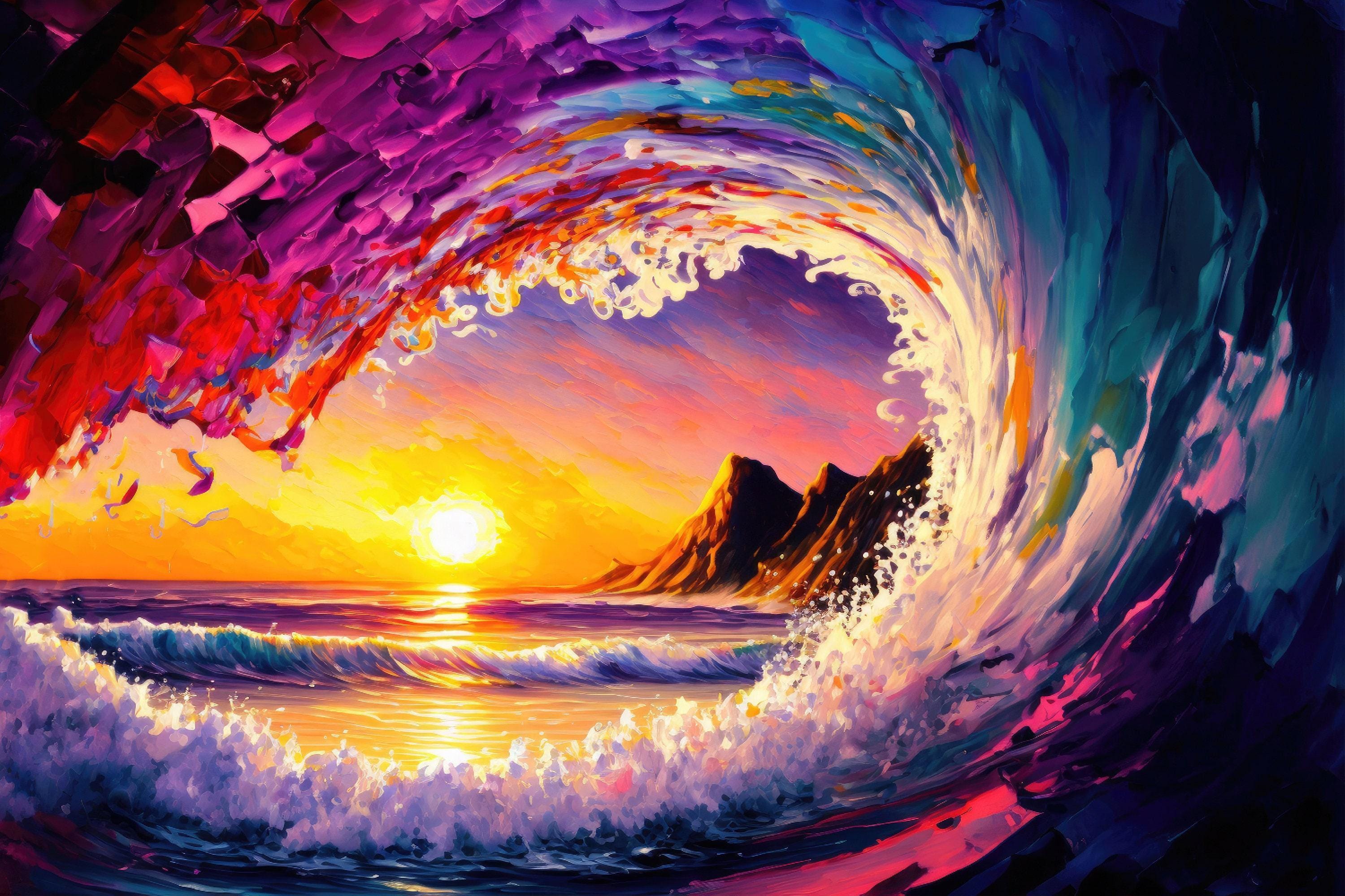 Ocean Wave Canvas Print - Hawaii Surfer Art | Big Wave Art Print, Vibrant Sunset Colors