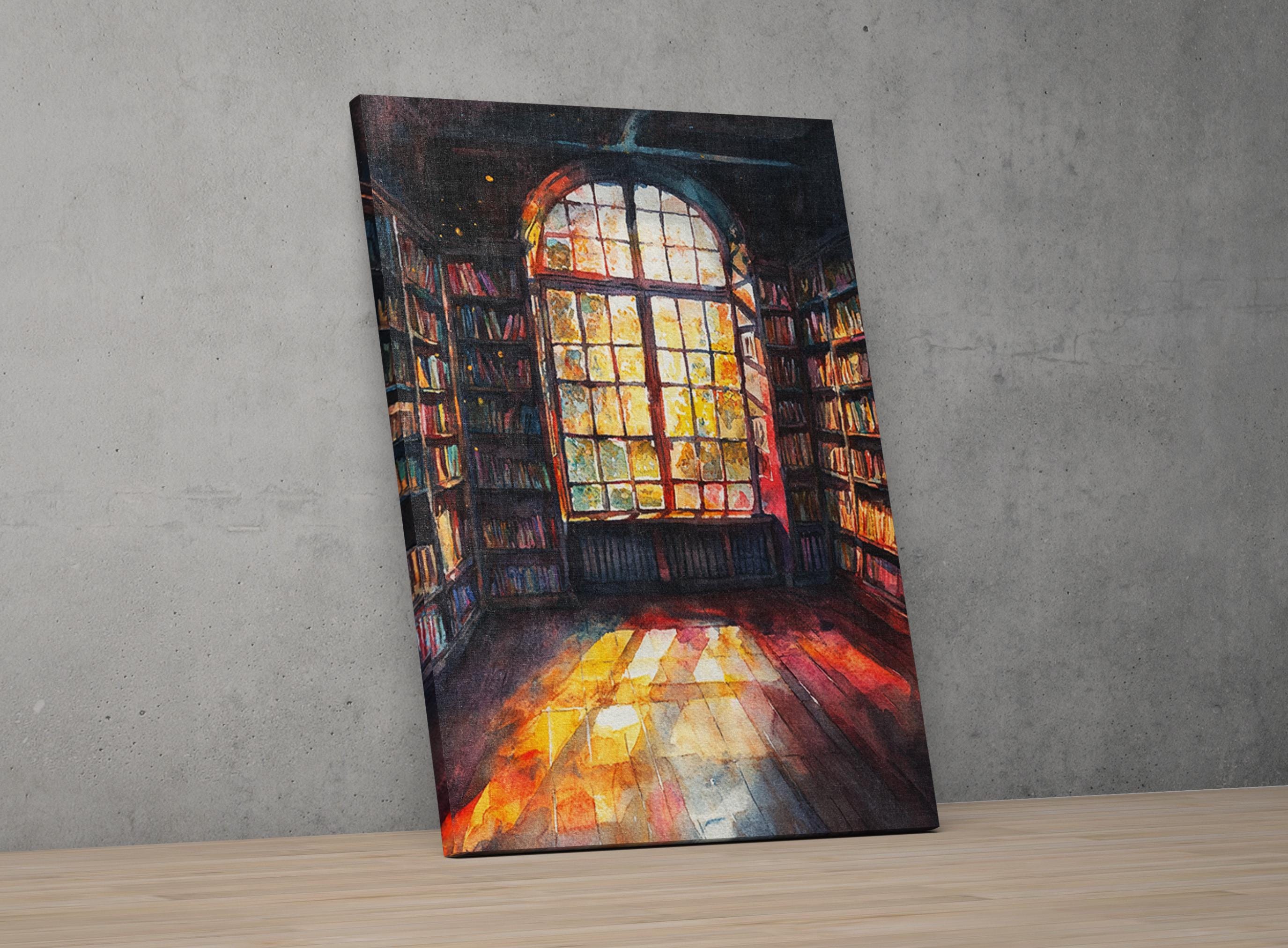 a large, arched window with a bookshelf filled with books, casting a warm glow throughout the room.