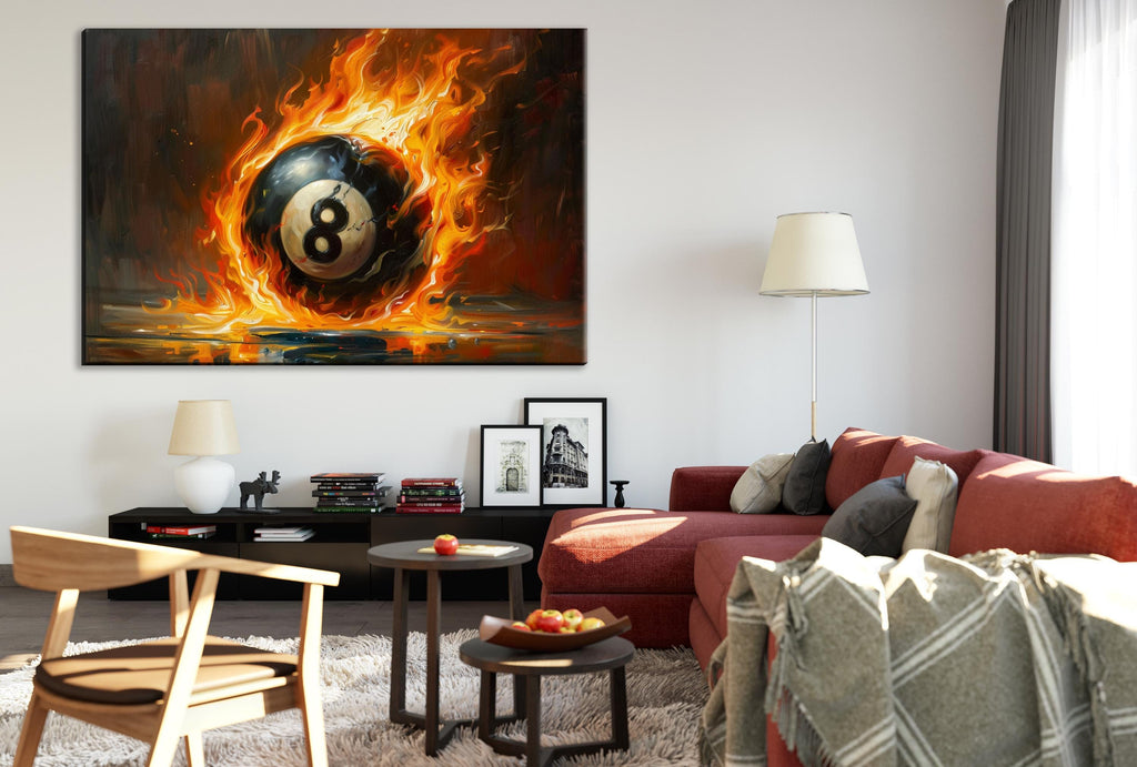 Flaming 8 Ball Wall Art – Extra Large Gallery Wrapped Canvas for Game Room Decor