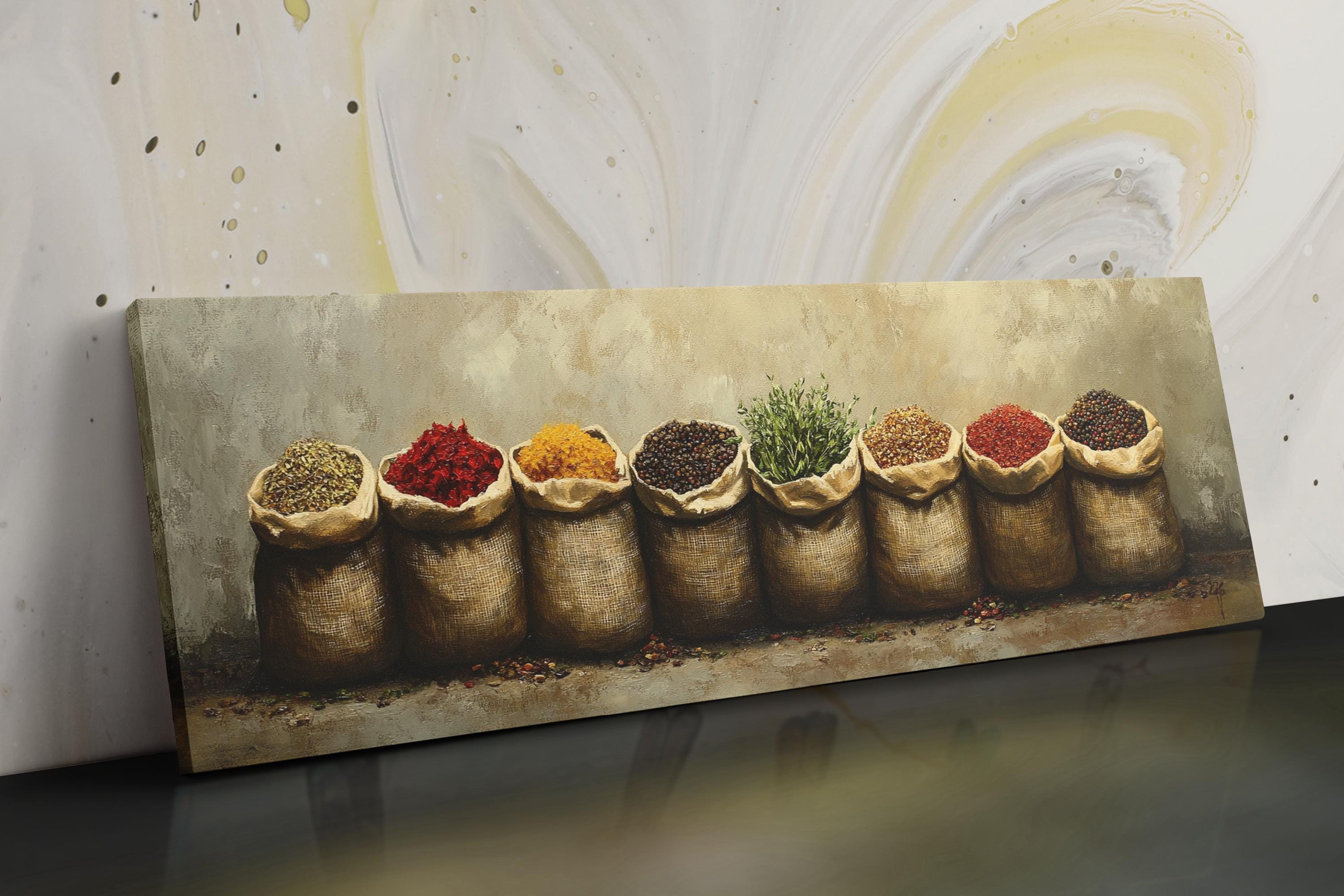 a painting of a row of bags filled with spices