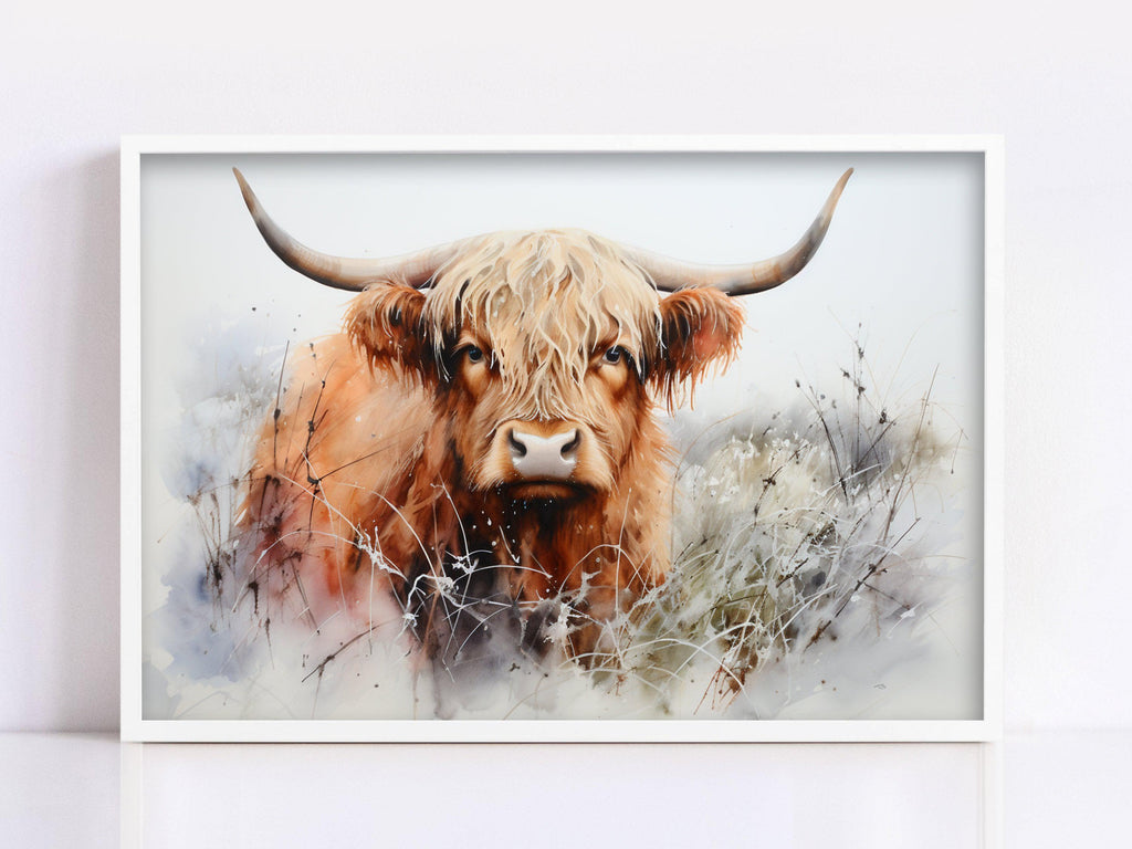 Watercolor Highland Cow Wall Art Print, Giclee Print on Canvas, Artist Paper, Watercolor Paper, Available in Extra Large Sizes