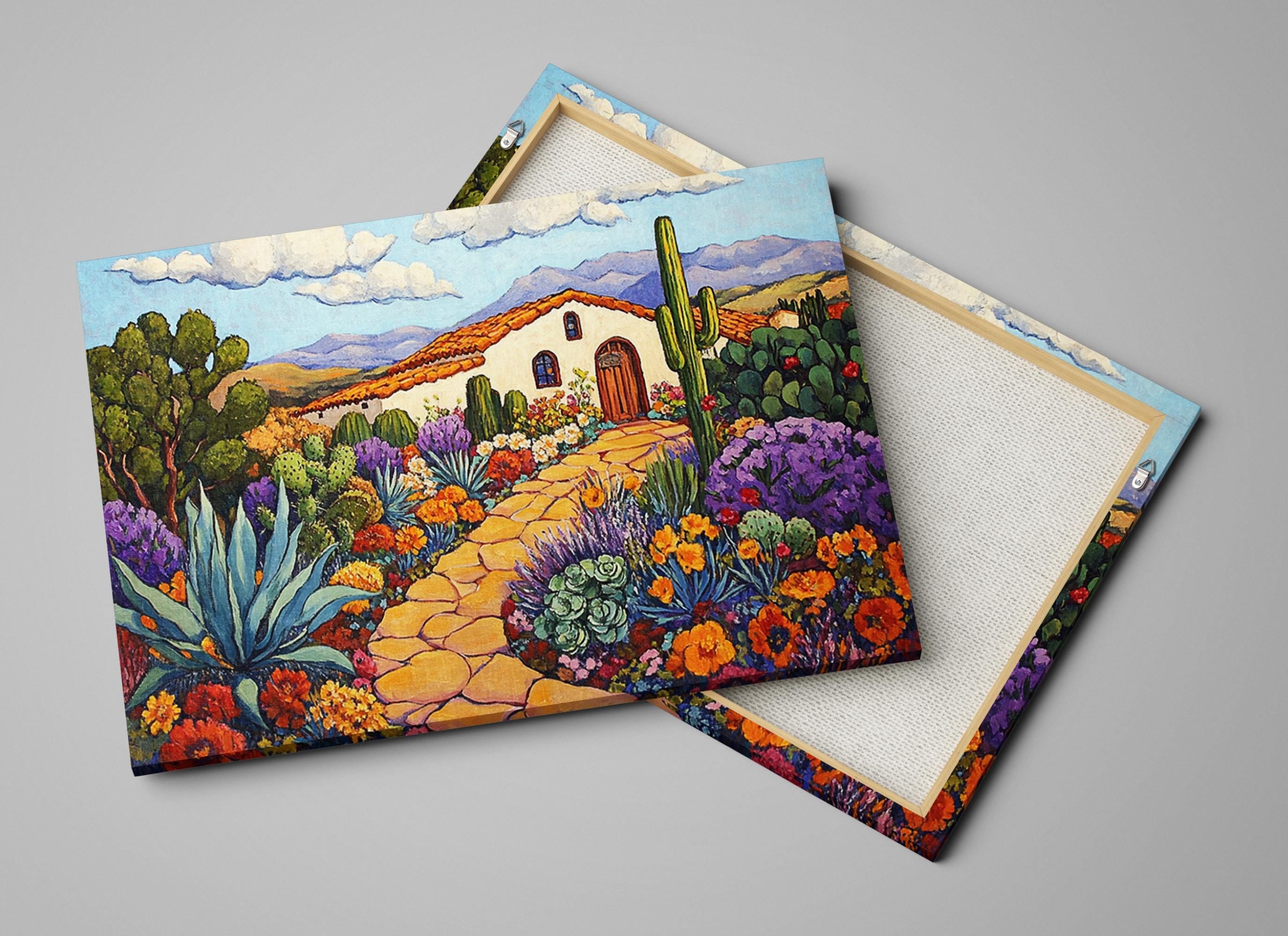 a painting of a house in the desert