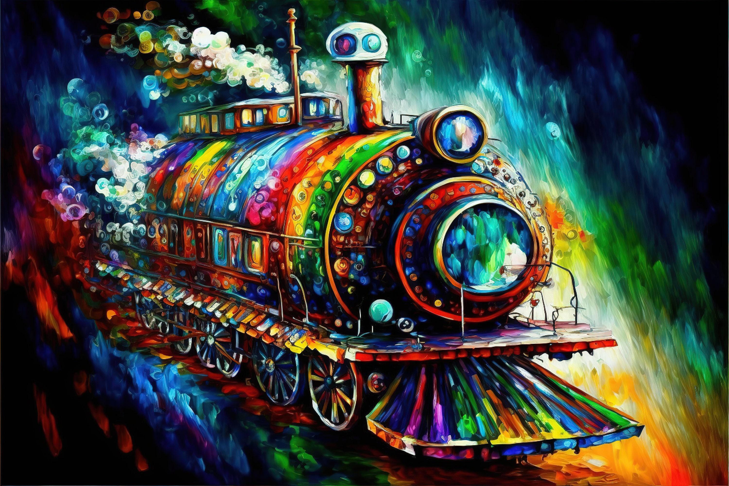 Steampunk Train Art – Colorful Locomotive Canvas with Vibrant Steam Engine Artwork