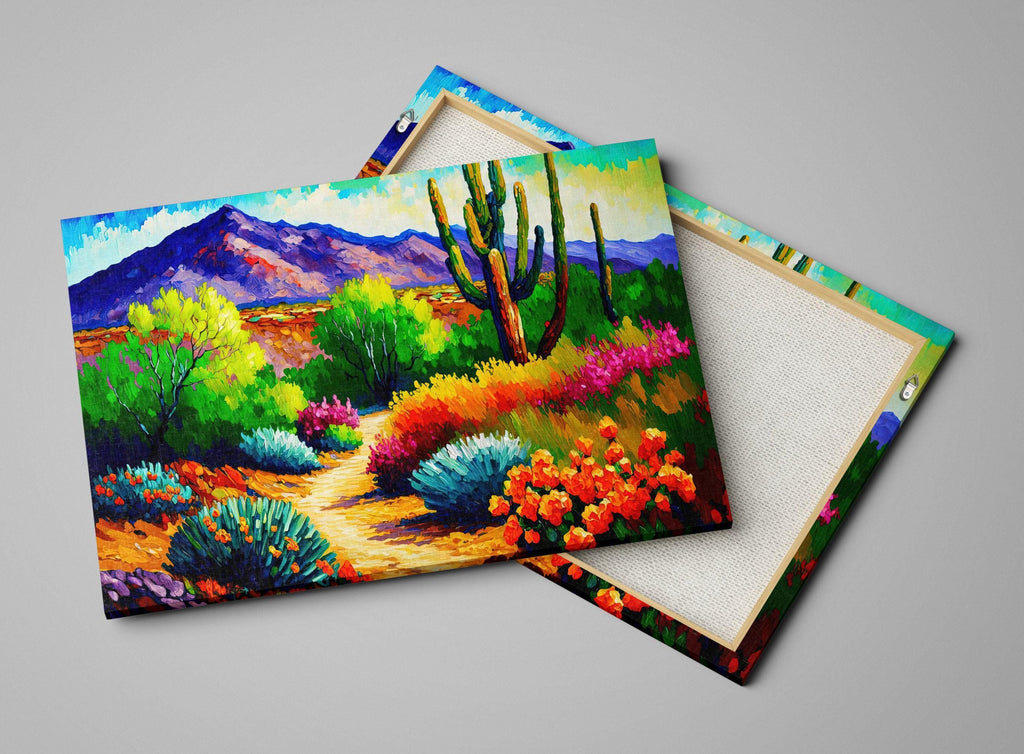 The image is a vibrant painting depicting a desert landscape with colorful flowers, cacti, and mountains in the background.