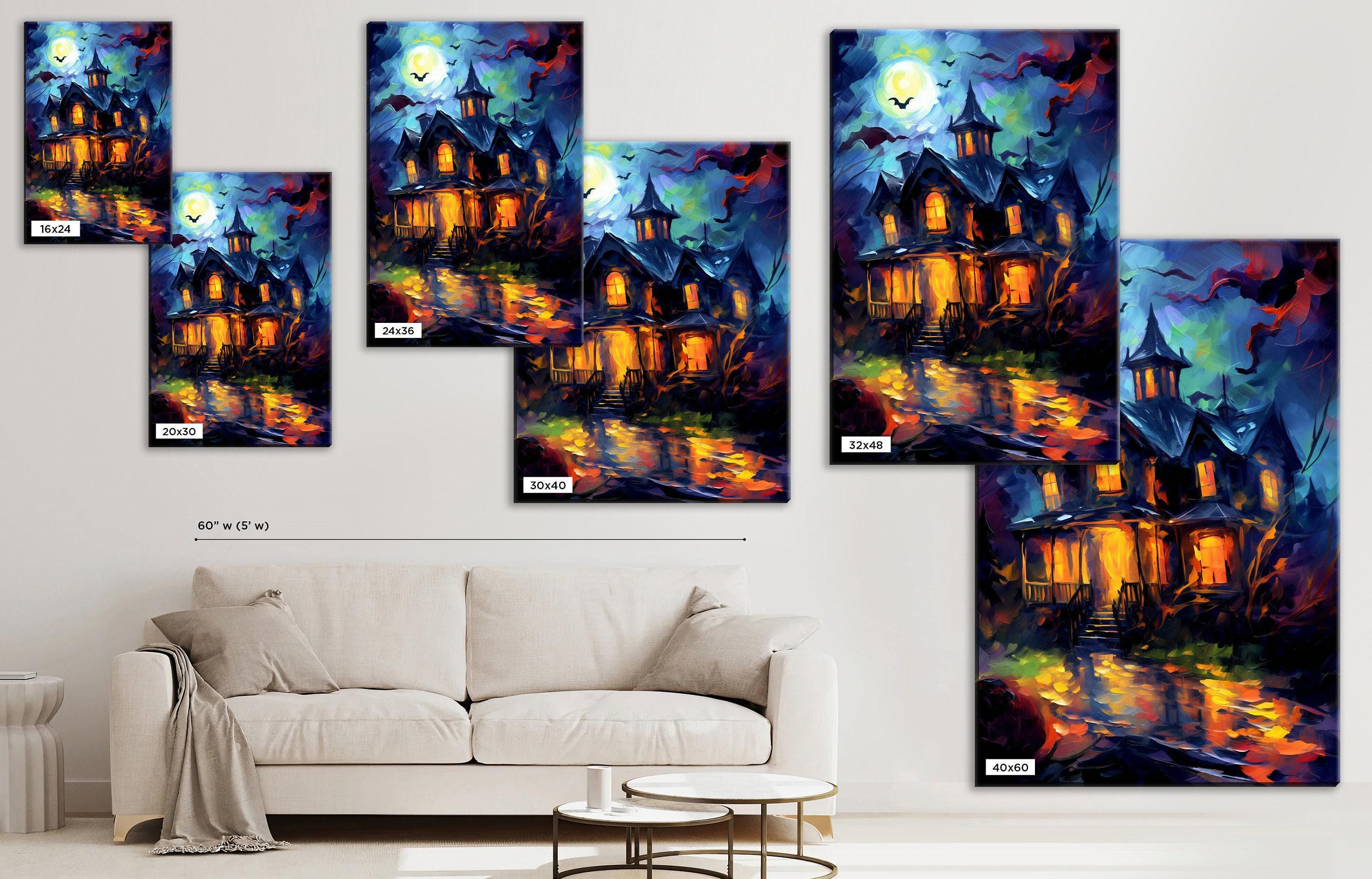 Halloween Haunted House Art – Large Canvas Wall Art | Spooky Home Decor, Gallery Wrapped