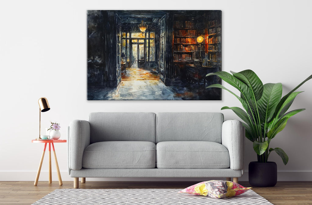 a cozy living room with a gray sofa, a red side table, and a large painting of a hallway with a bookcase on the wall.