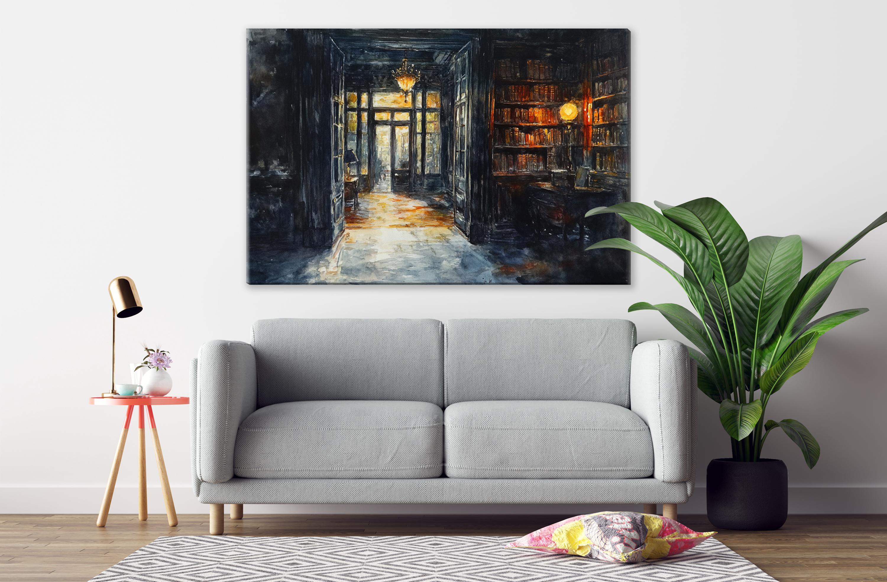 a cozy living room with a gray sofa, a red side table, and a large painting of a hallway with a bookcase on the wall.