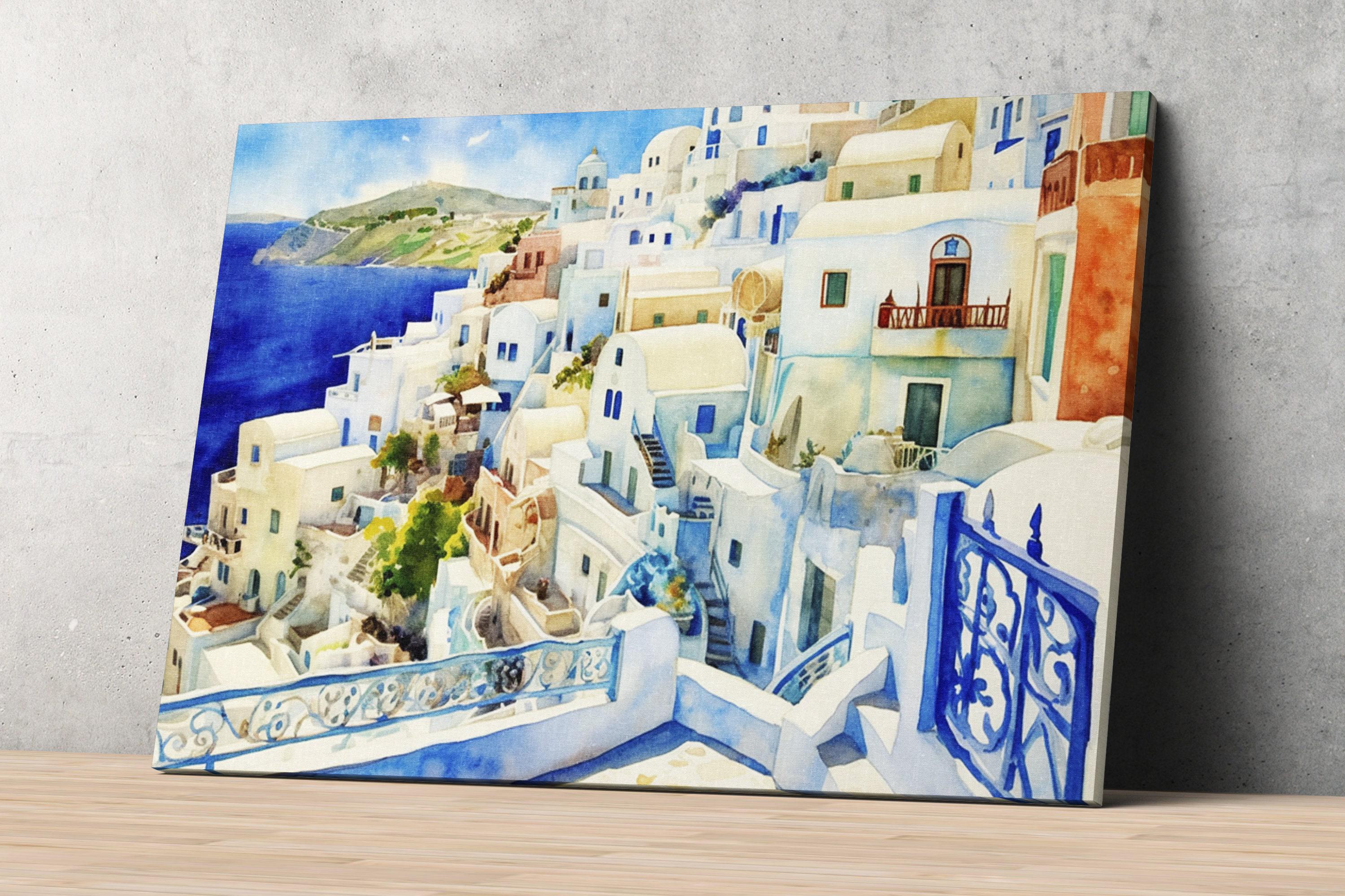 Santorini Village Watercolor, Coastal Greece Art, Giclee Print on Canvas, Artist Paper, Watercolor Paper, Available in Extra Large Sizes