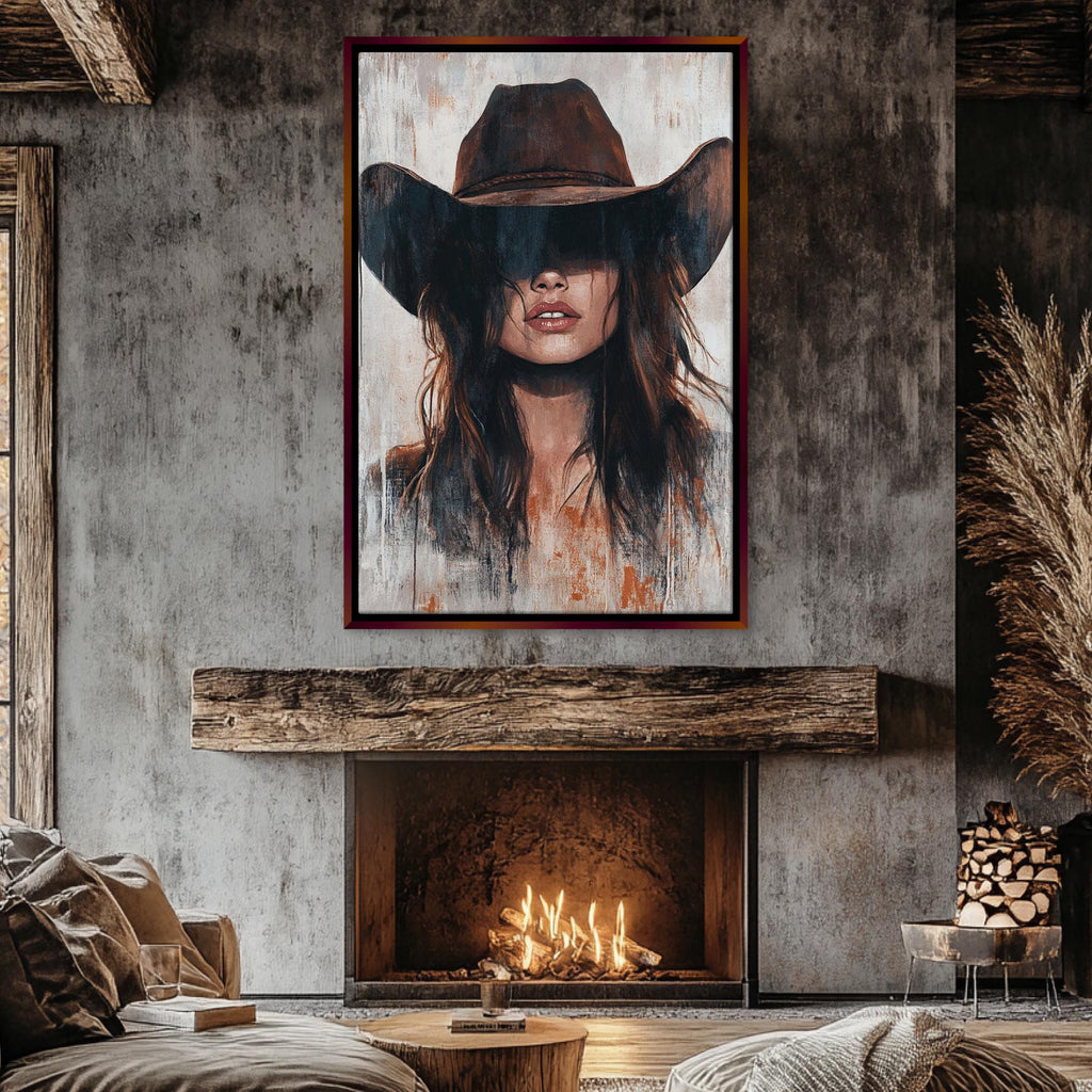 a living room with a fire place and a painting of a woman wearing a cowboy