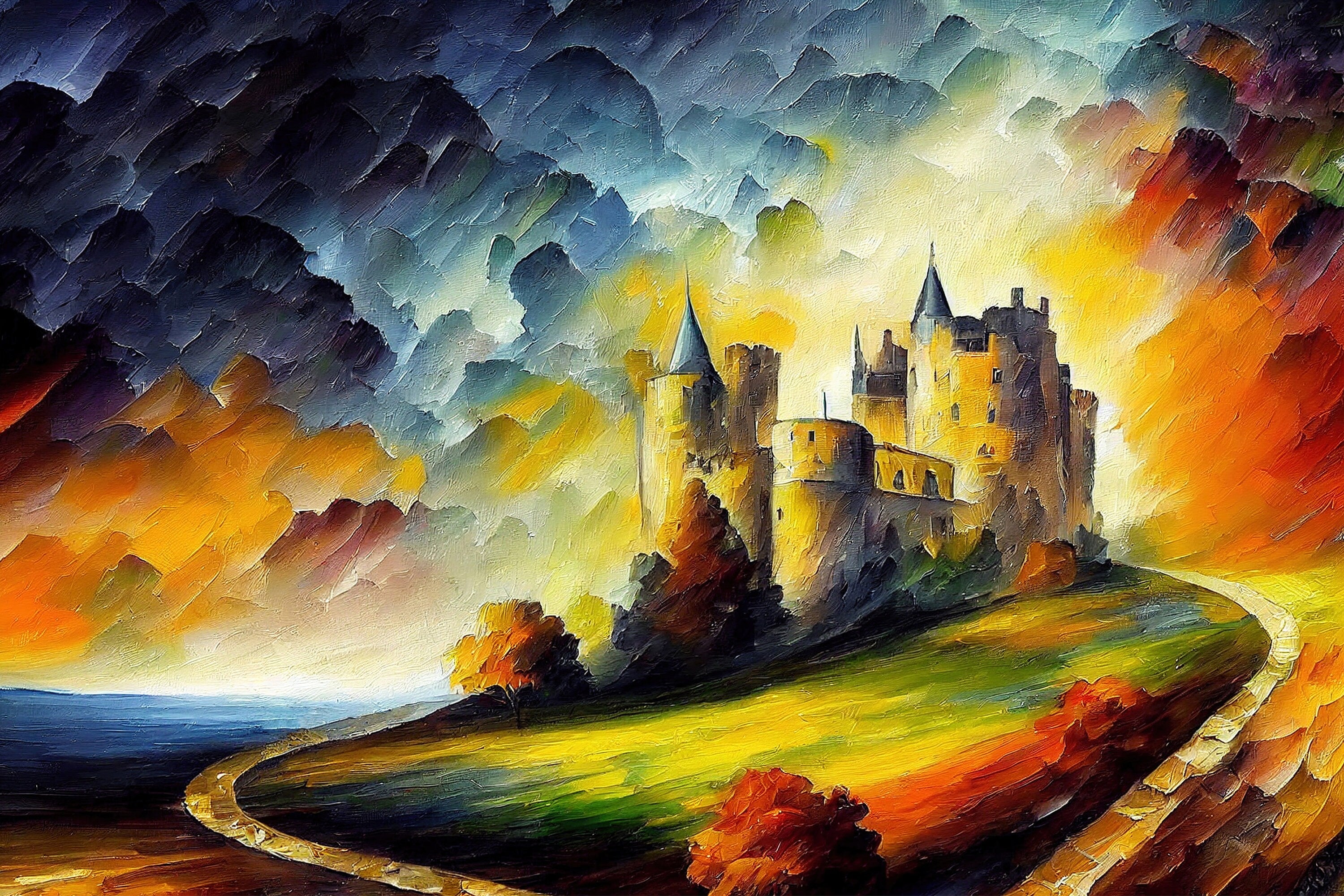 Castle Canvas Wall Art – Fantasy Oil Painting with Vibrant Colorful Decor