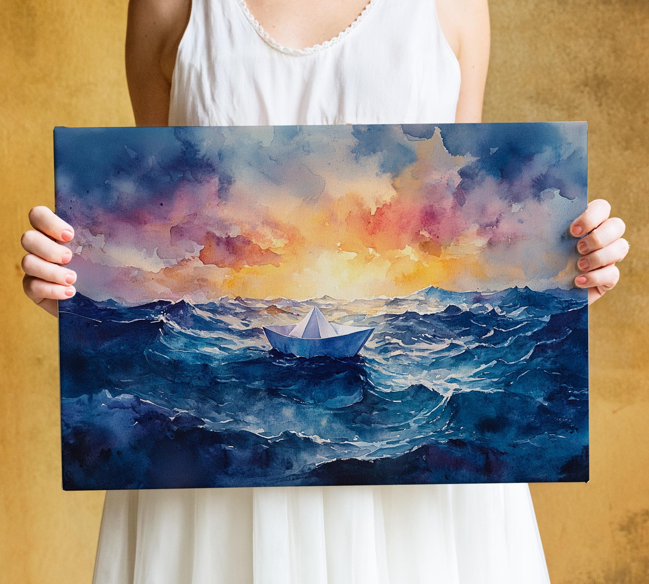 A person is holding a large painting depicting a boat sailing on a stormy sea under a colorful sunset sky.
