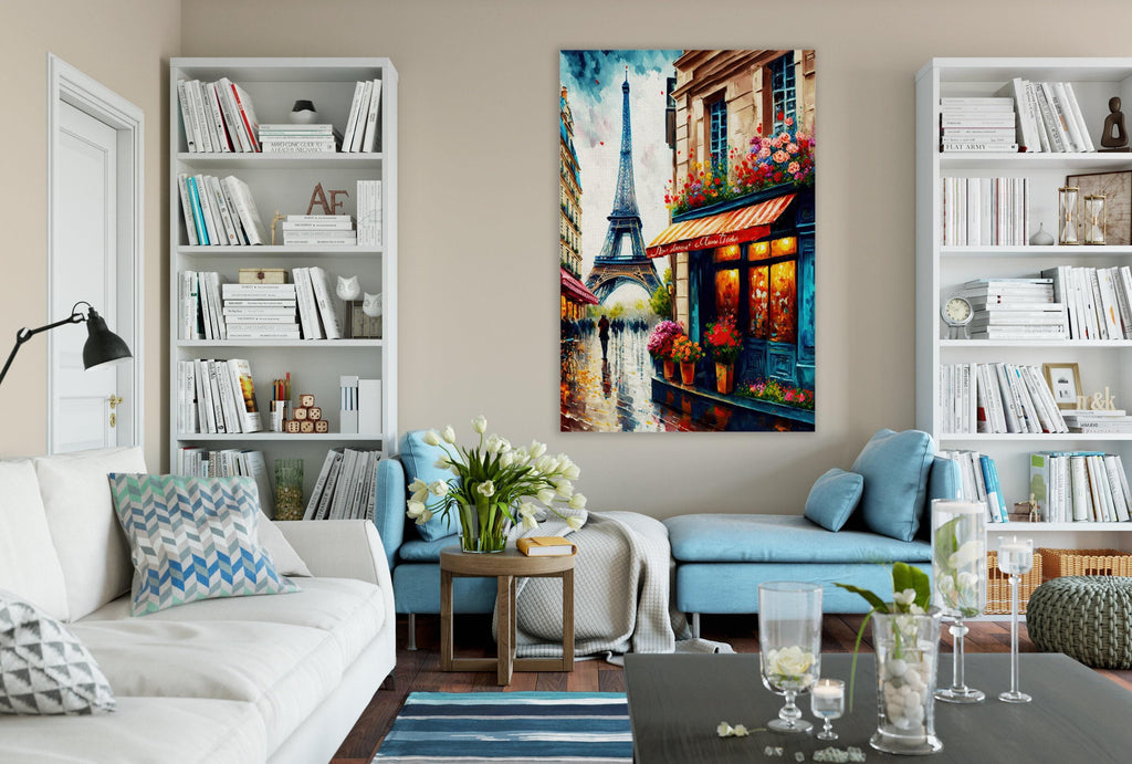 French Bistro Canvas - Paris Street Scene With Eiffel Tower Print | Gallery Ready Frame