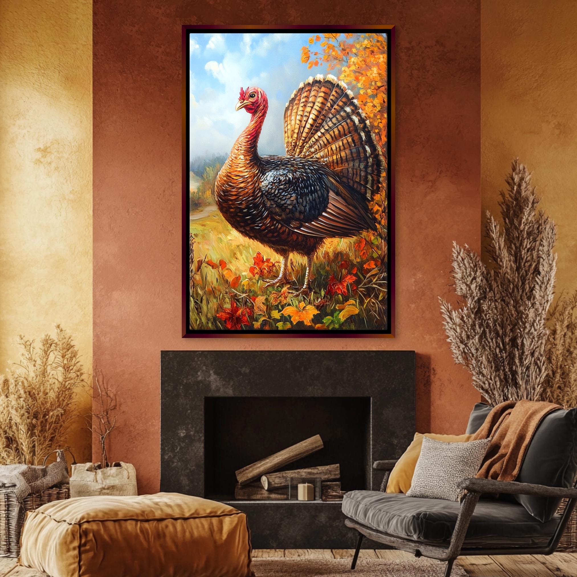 a large painting of a turkey standing in a field with flowers, hanging on a wall above a fireplace.