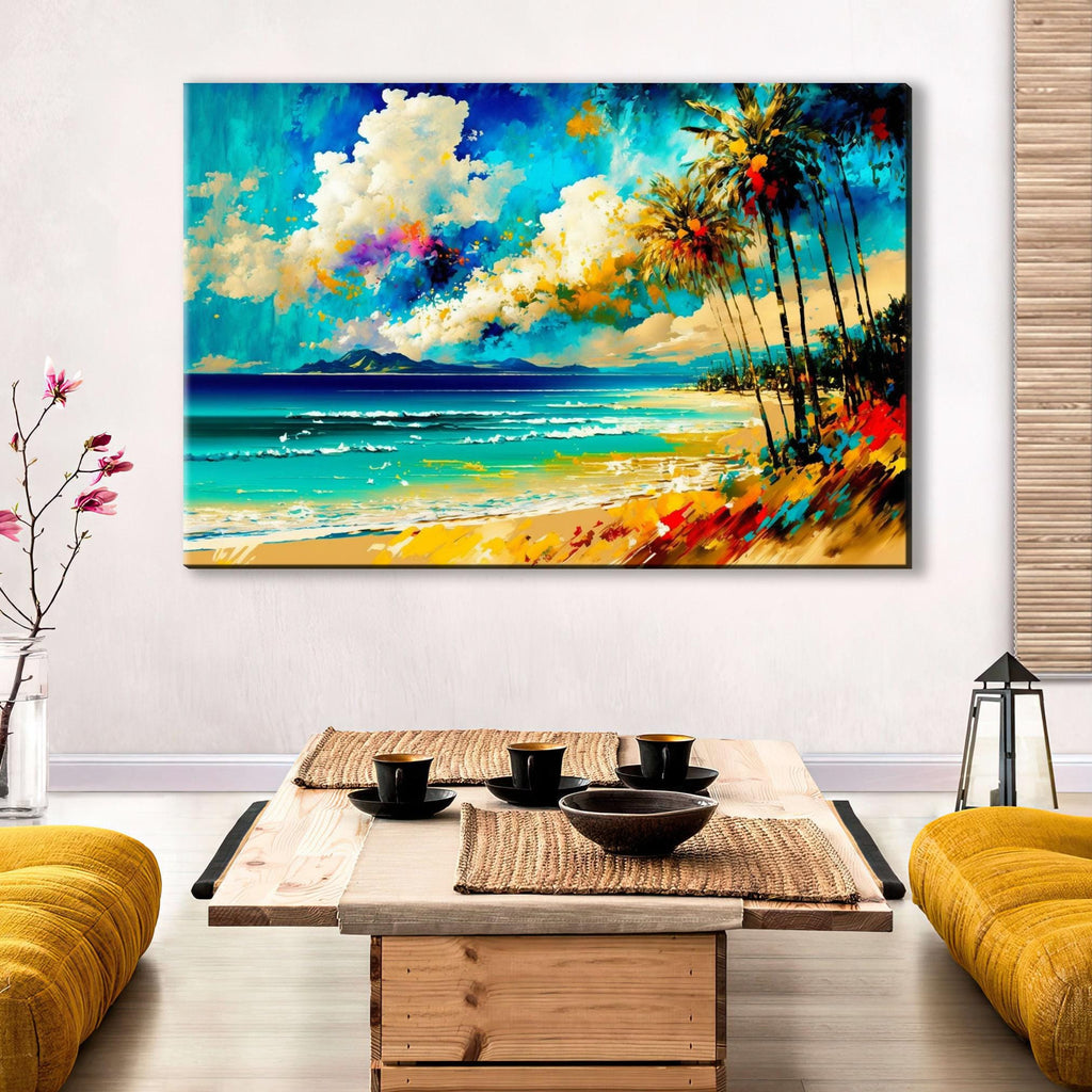 Beach Canvas Wall Art – Large Coastal Wall Art With Real Wood Frame, Tranquil Scene