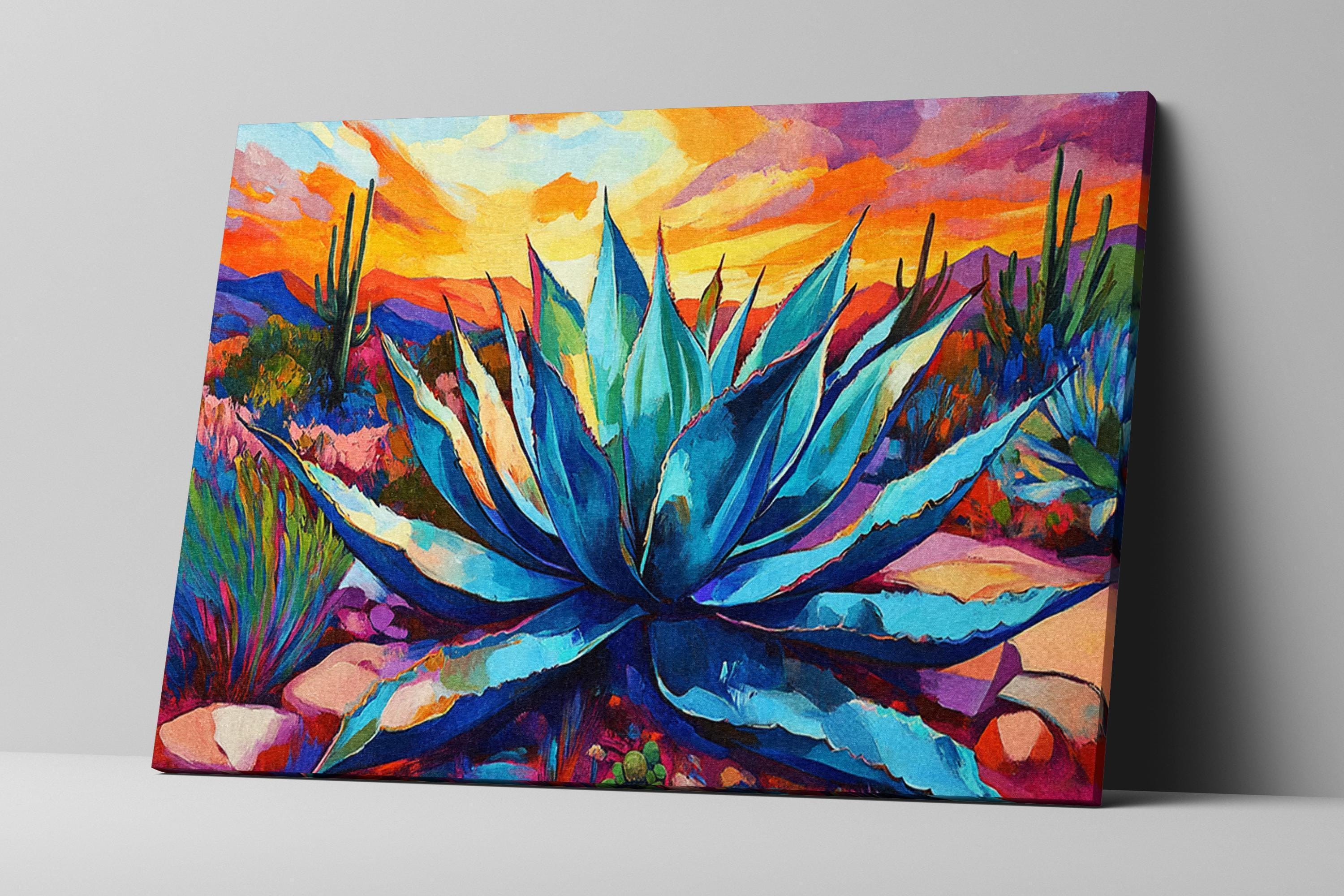 The image is a vibrant painting depicting a desert landscape with a large blue agave plant in the foreground. The background is filled with a colorful sunset, creating a warm and inviting atmosphere.