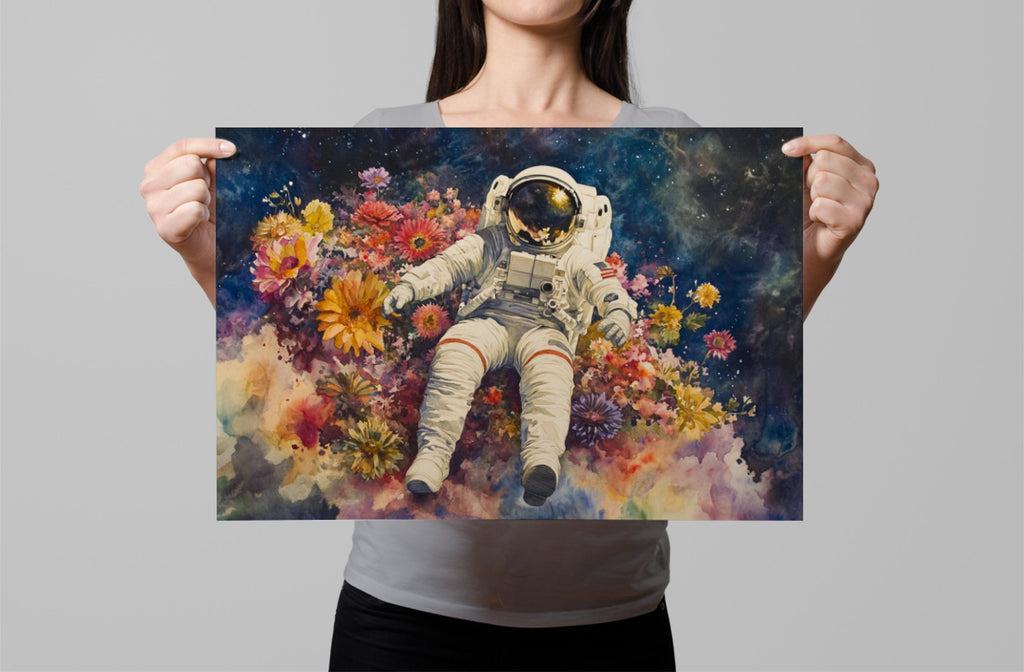 A woman holds up a framed print featuring an astronaut floating in a colorful, flower-filled space.