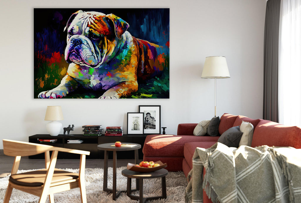 a large, colorful painting of a bulldog on the wall of a modern living room.
