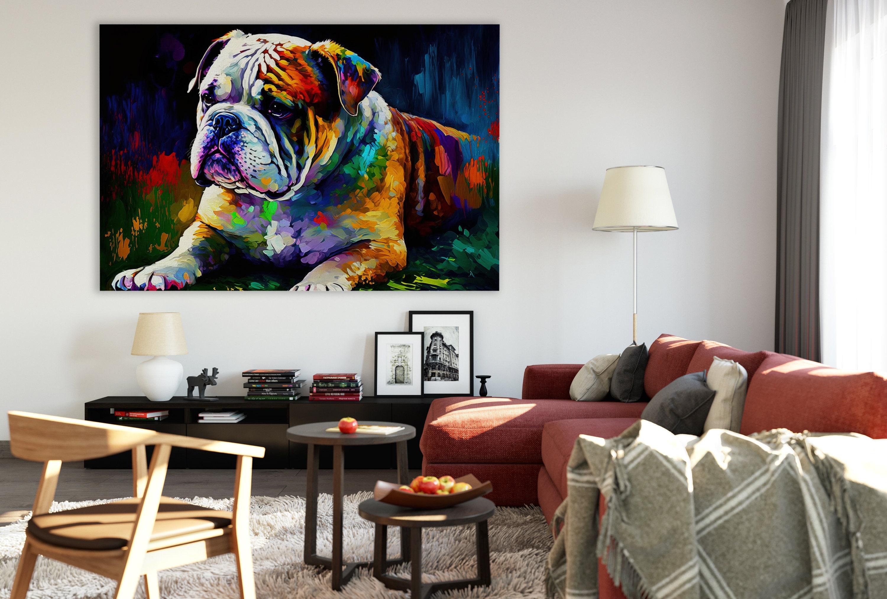 a large, colorful painting of a bulldog on the wall of a modern living room.
