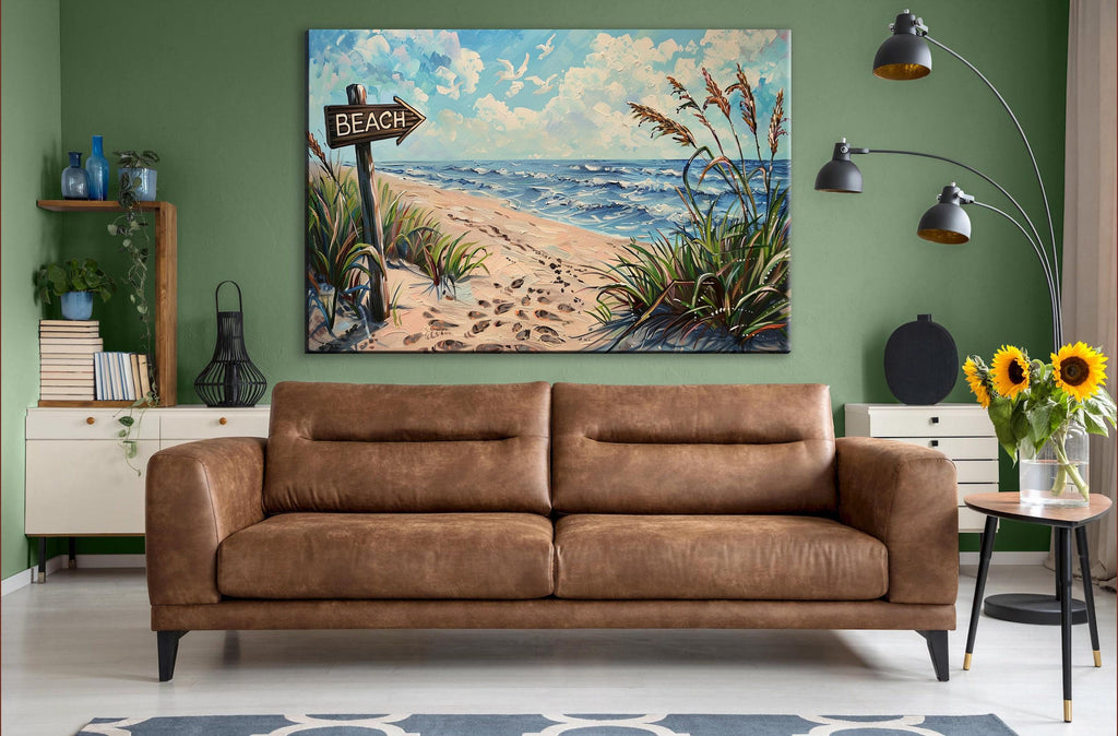 Beach Sign Wall Art – Coastal Wall Art on Gallery Wrapped Canvas, Large Sandy Shore Picture