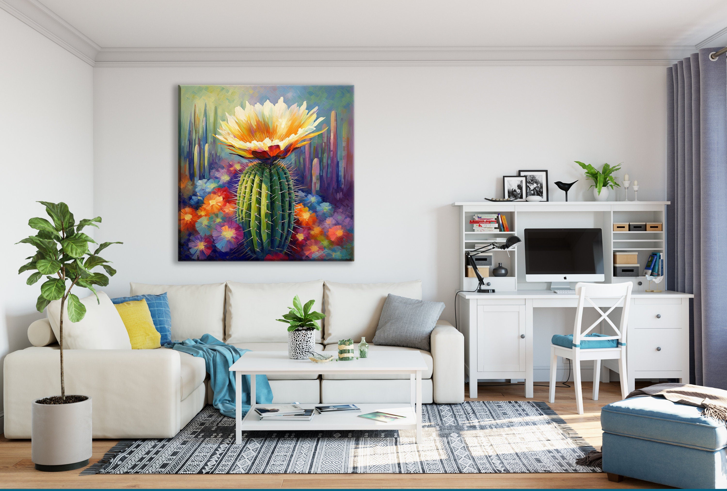Saguaro Cactus Bloom Painting – Large Gallery Wrapped Canvas Wall Art, UV Coated Print
