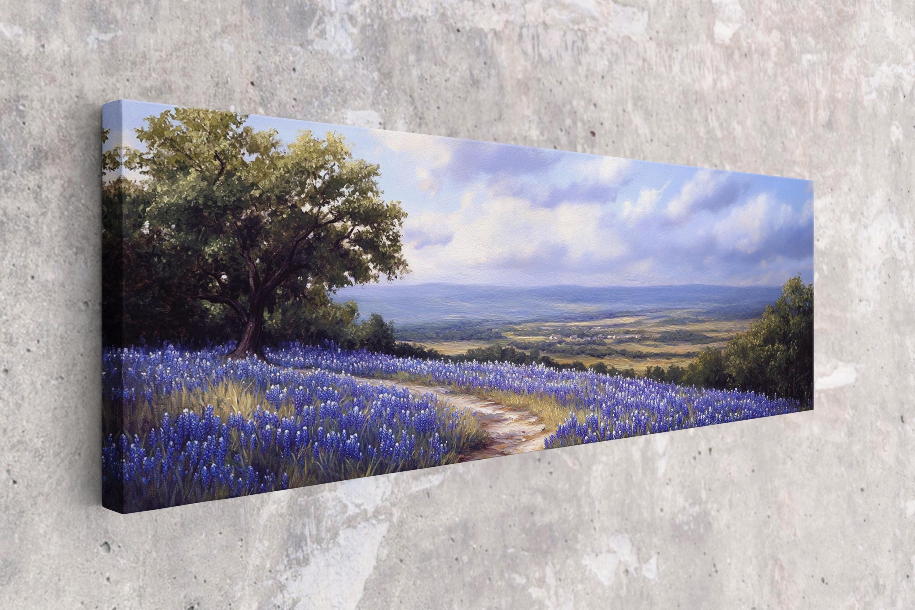 a painting on a wall of a blue flower field
